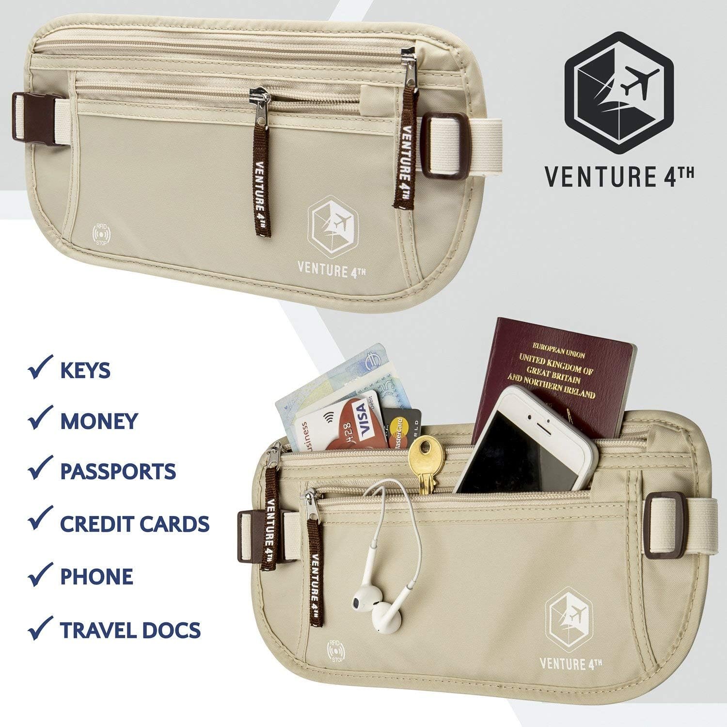 Private Label Money Belt for Travel Hidden Under-Clothes RFID Blocking Passport Holder Slim Pouch with Custom Logo for Men Women Protecting Cash Cards Documents Manufacturer (Beige)