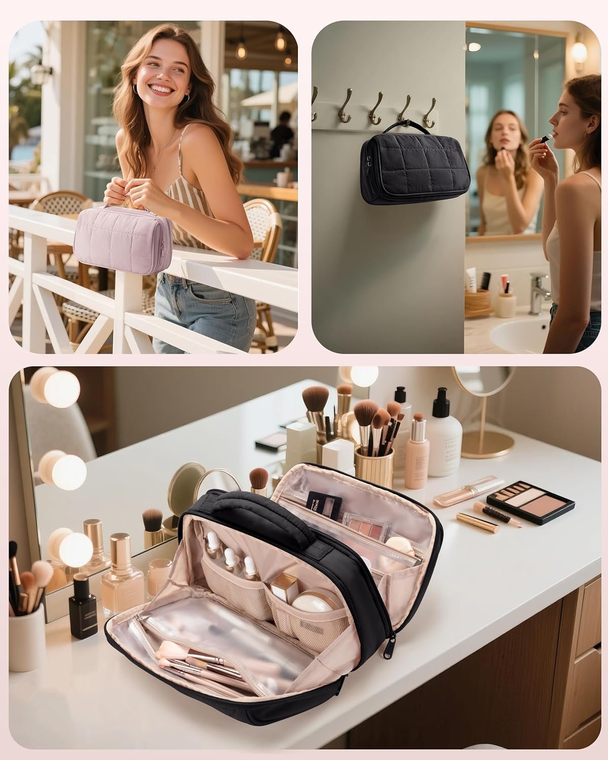 Private Label Travel Makeup Bag for Women Puffy Cosmetics Organizer with Custom Logo Waterproof Pockets Toiletry Pouch for Makeup Brushes Skincare & Travel Essentials from Manufacturer Pink (Bag Only)