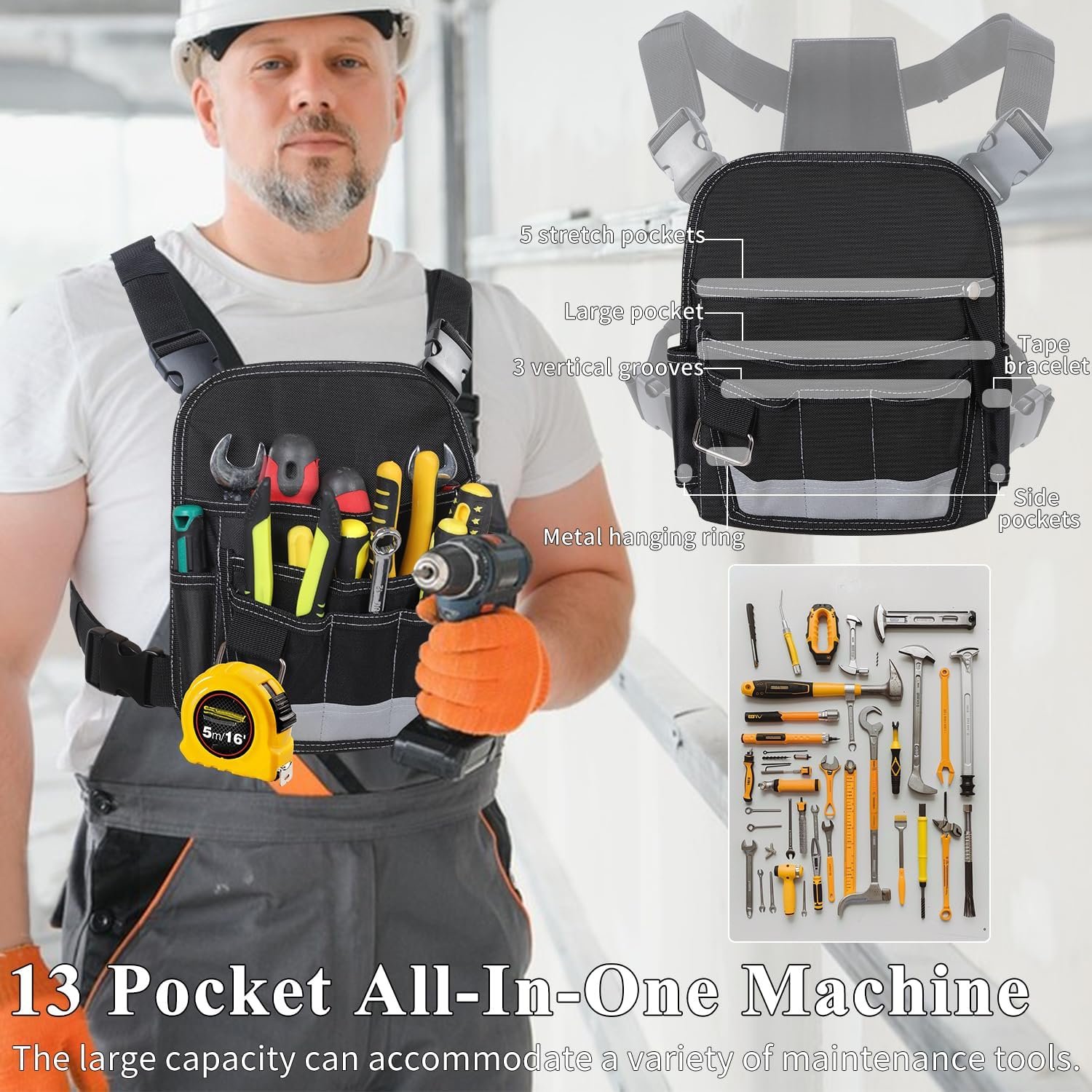 Private Label Heavy Duty 13-Pocket Electrician Tool Pouch Custom Logo Portable Adjustable Organizer Bag for Maintenance Technicians Carpenters Woodworkers Roofers Manufacturer