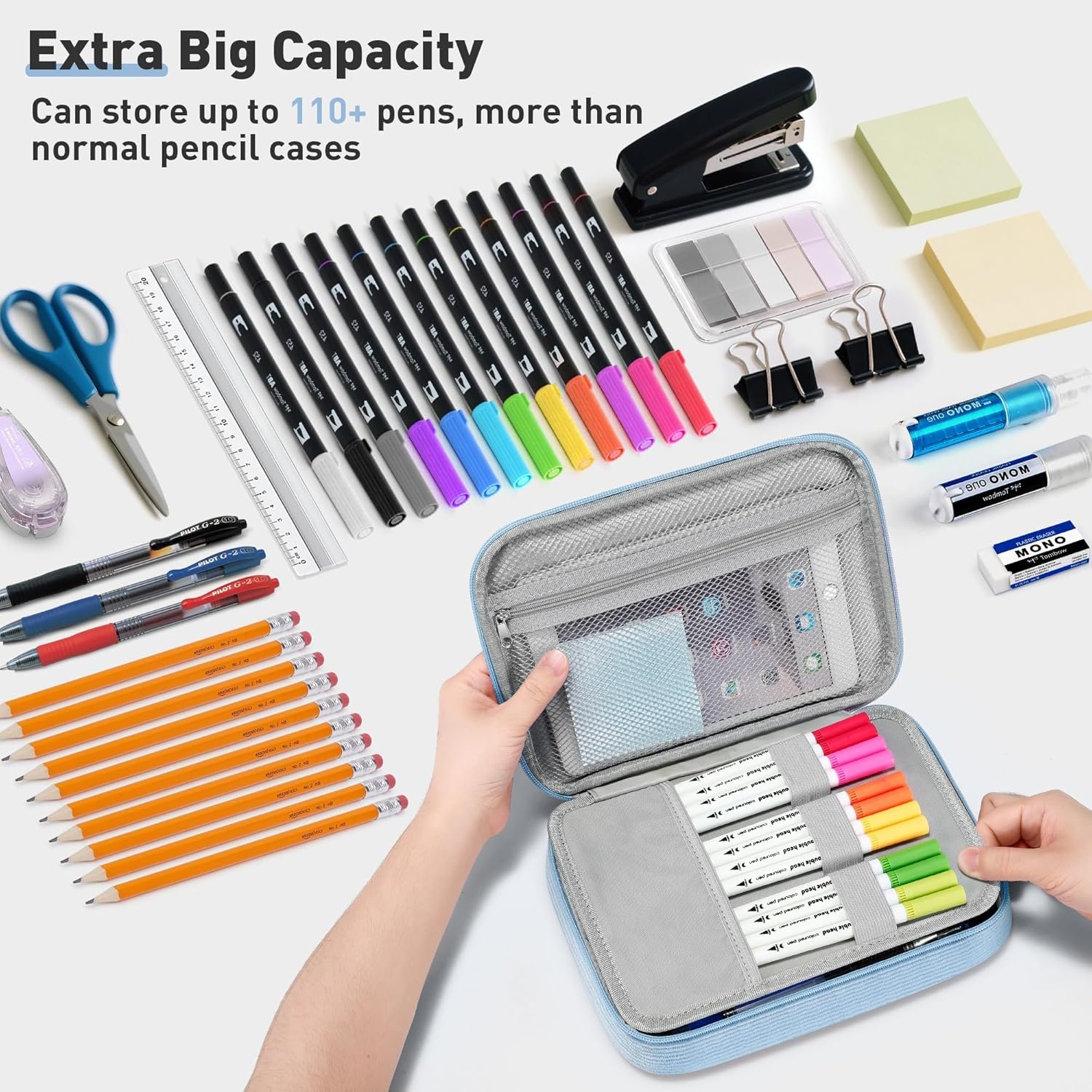 Custom Logo Large Capacity Pencil Pouch Organizer | Private Label Soft Corduroy Pencil Box for Girls Boys Teens | Big Pen Bag Manufacturer with Multiple Zipper Pockets - Pencil Case Storage for Art Supplies & Stationery-Blue