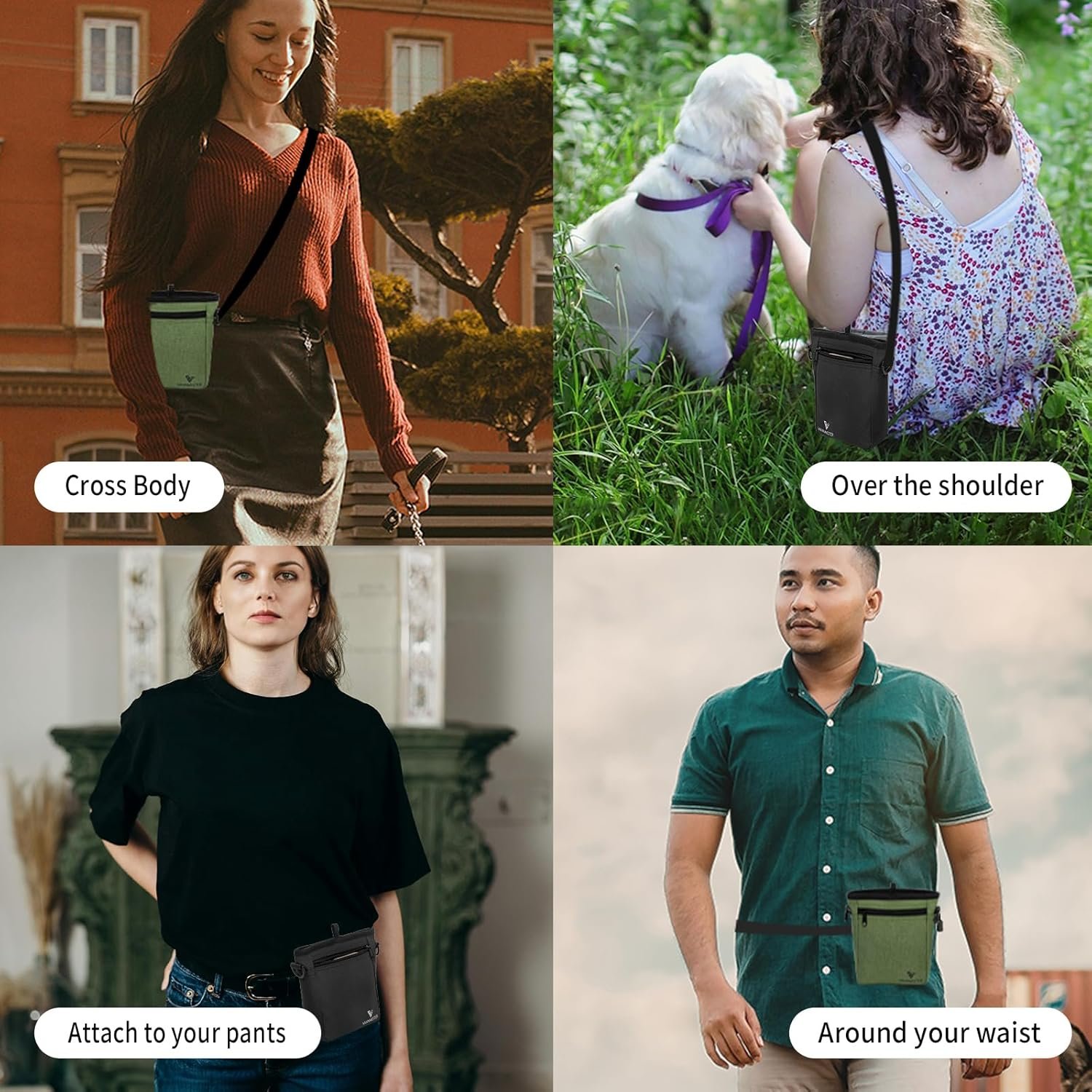 Private Label 4 Cup Dog Treat Pouch with Stronger Magnetic Closure Front Pocket Fits All Phones Custom Logo Built-in Poop Bag Dispenser Manufacturer (Green)