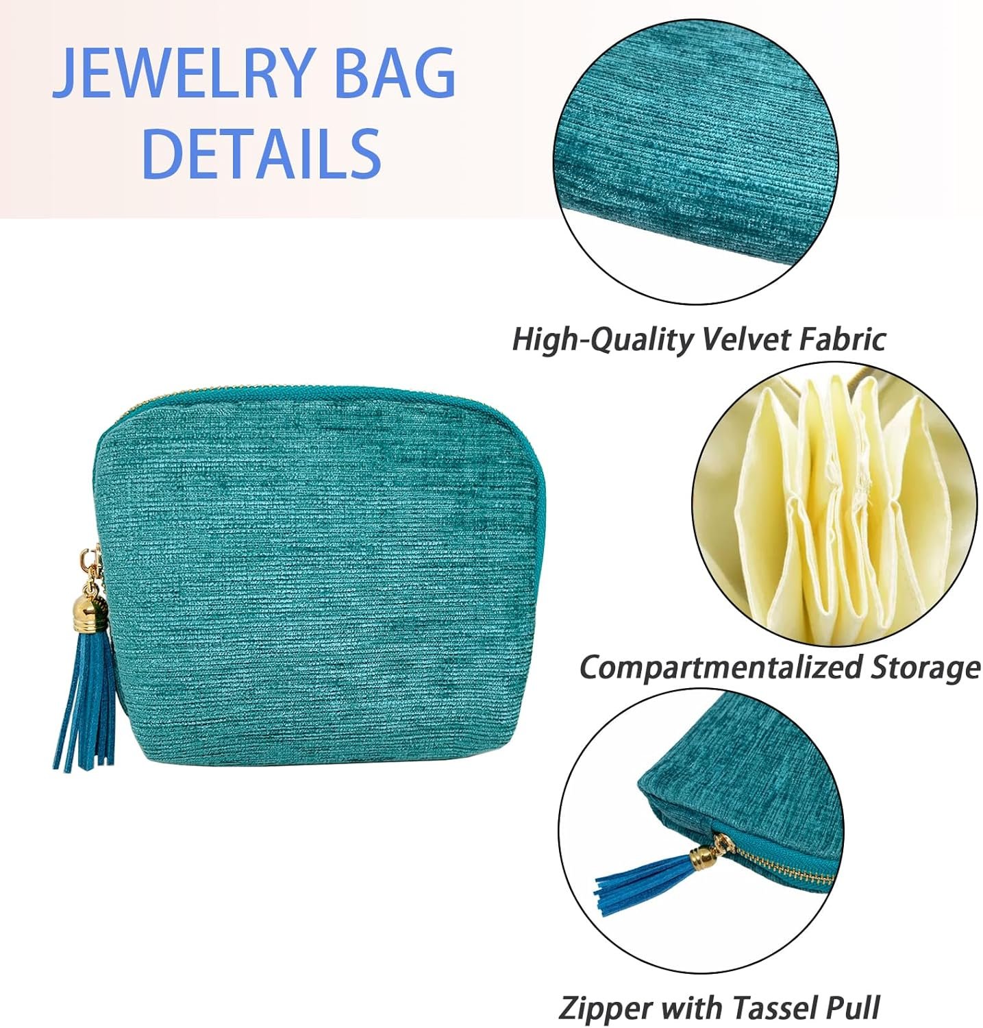Private Label Travel Jewelry Case Small Organizer Storage Bag with Zipper & Tassel Custom Logo 5 Pockets for Necklaces Bracelets Earrings Rings (3.5 x 3.3 Inch Inner Bag Lake Blue) Factory