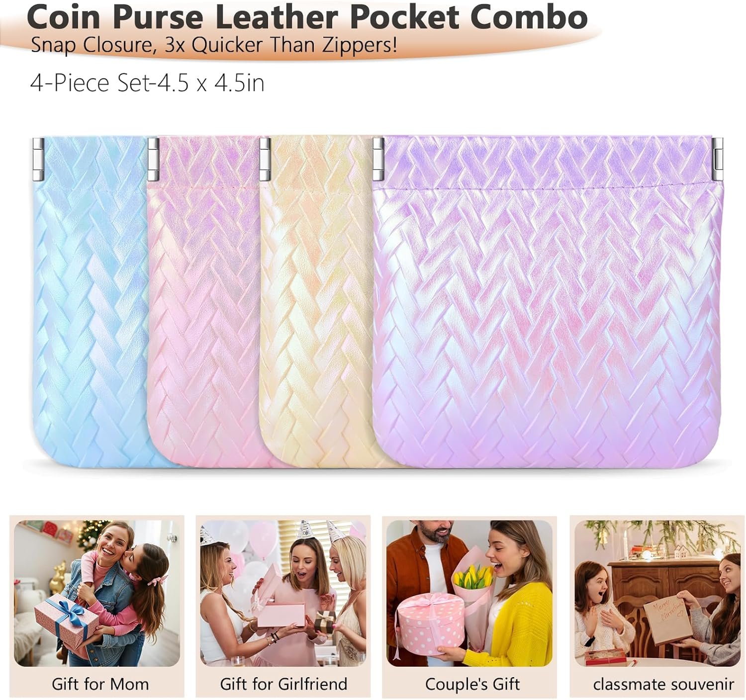 Custom Logo 4-Piece Holographic Small Makeup Bag Mini Cosmetic Pouch for Women, Private Label No Zipper Self-Closing Travel Organizer Coin Purse for Lipstick Cosmetics Jewelry Cards Coins, Waterproof Faux Leather Factory
