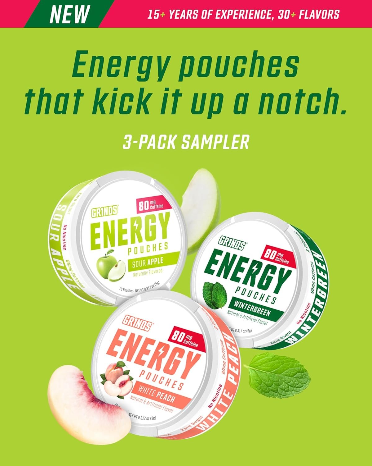Private Label Natural Caffeine Energy Pouches - B-Vitamins Sugar-Free 0 Calories 80mg Caffeine Per Pouch - Custom Logo Wintergreen Peach Sour Apple - Manufacturer 3 Pack 15 Pouches Per Can