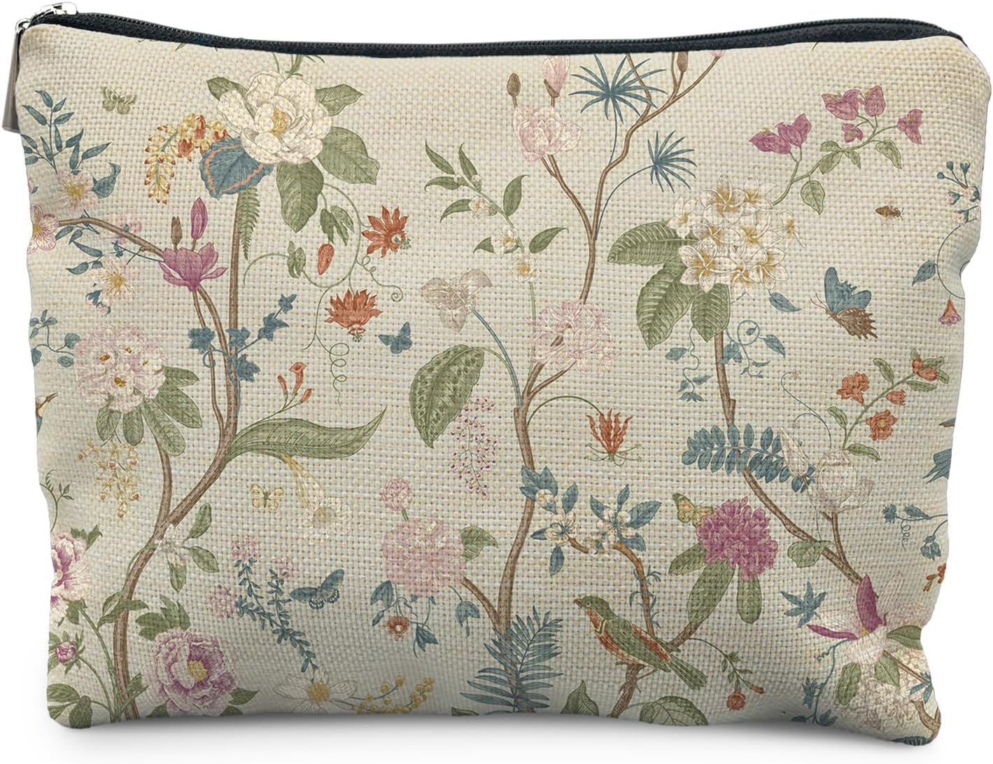 Custom Logo Vintage Floral Bird Makeup Bag for Women Private Label Oriental Chinoiserie Pastel Wildflower Cosmetic Zipper Pouch Manufacturer