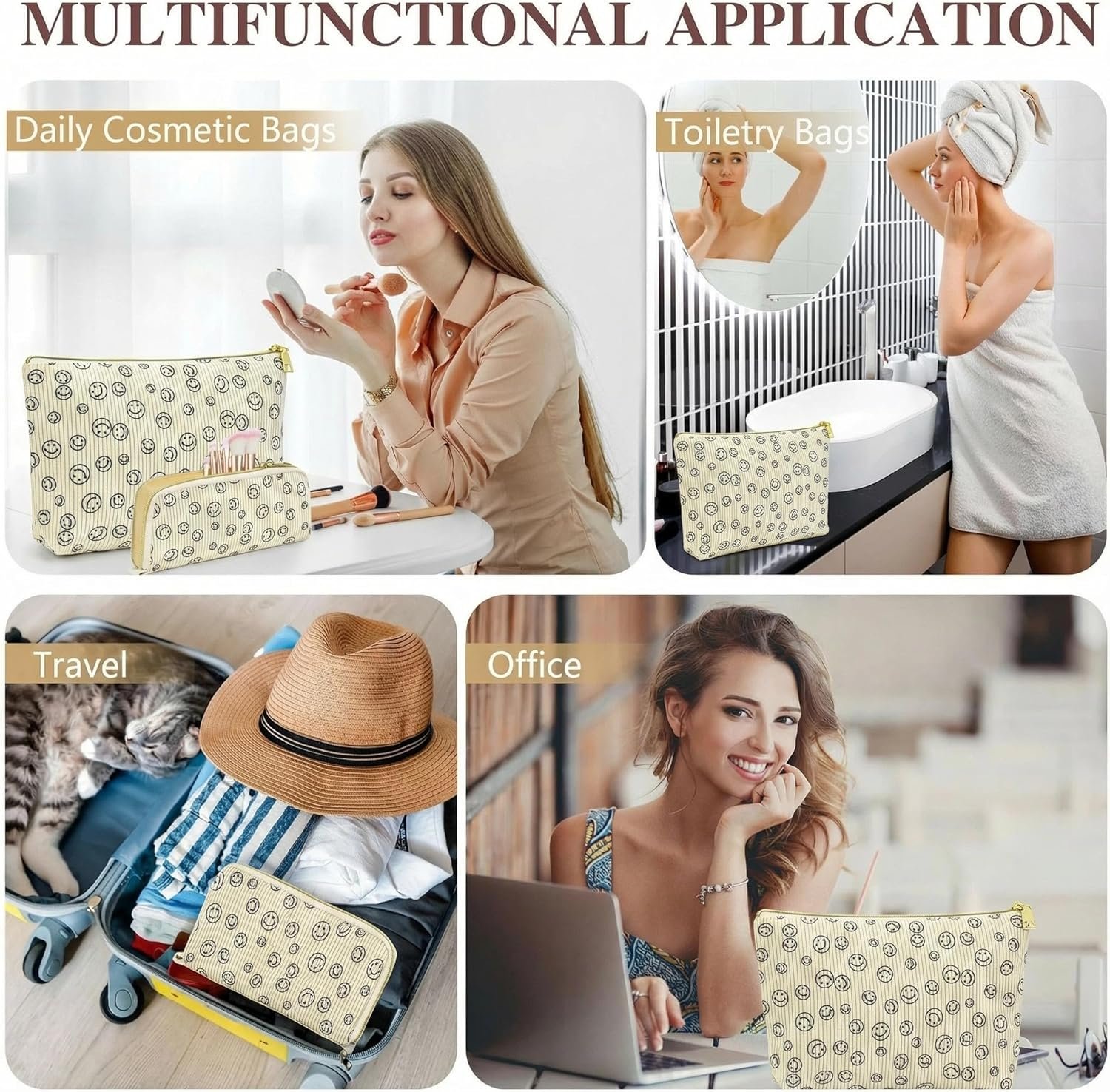 Private Label Small Cosmetic Bags for Women Corduroy Smiley Makeup Bag with Custom Logo Zipper Pouch Portable Toiletry Organizer for Travel Purse and Daily Use 2-Piece Set Direct from Manufacturer