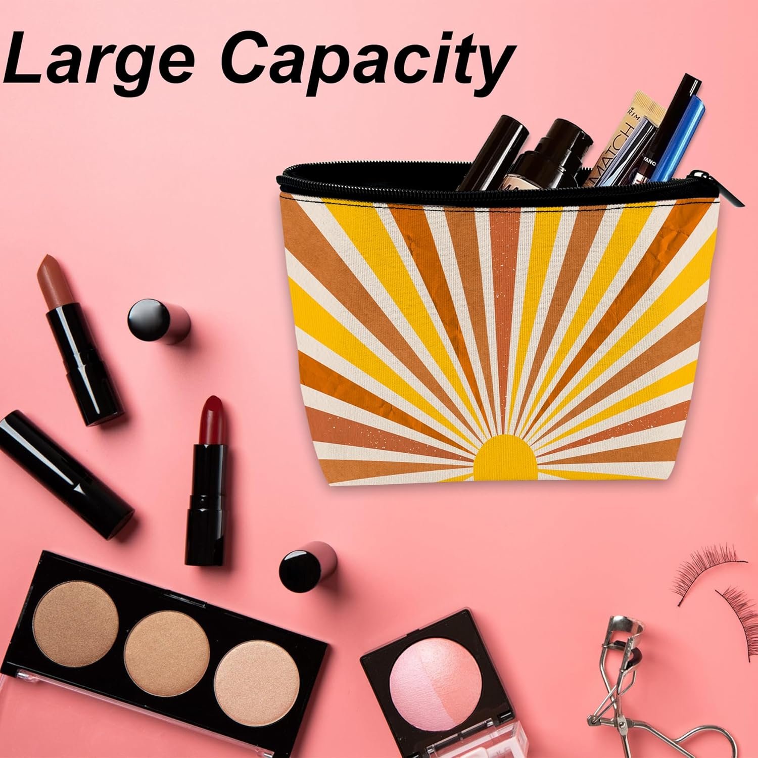 Private Label Makeup Bag for Purse Waterproof Funny Vintage Boho Sun Cosmetic for Women Custom Logo Zipper Travel Toiletry Pouch Grunge Sunburst Gift Manufacturer 9.5×5.9 Inch