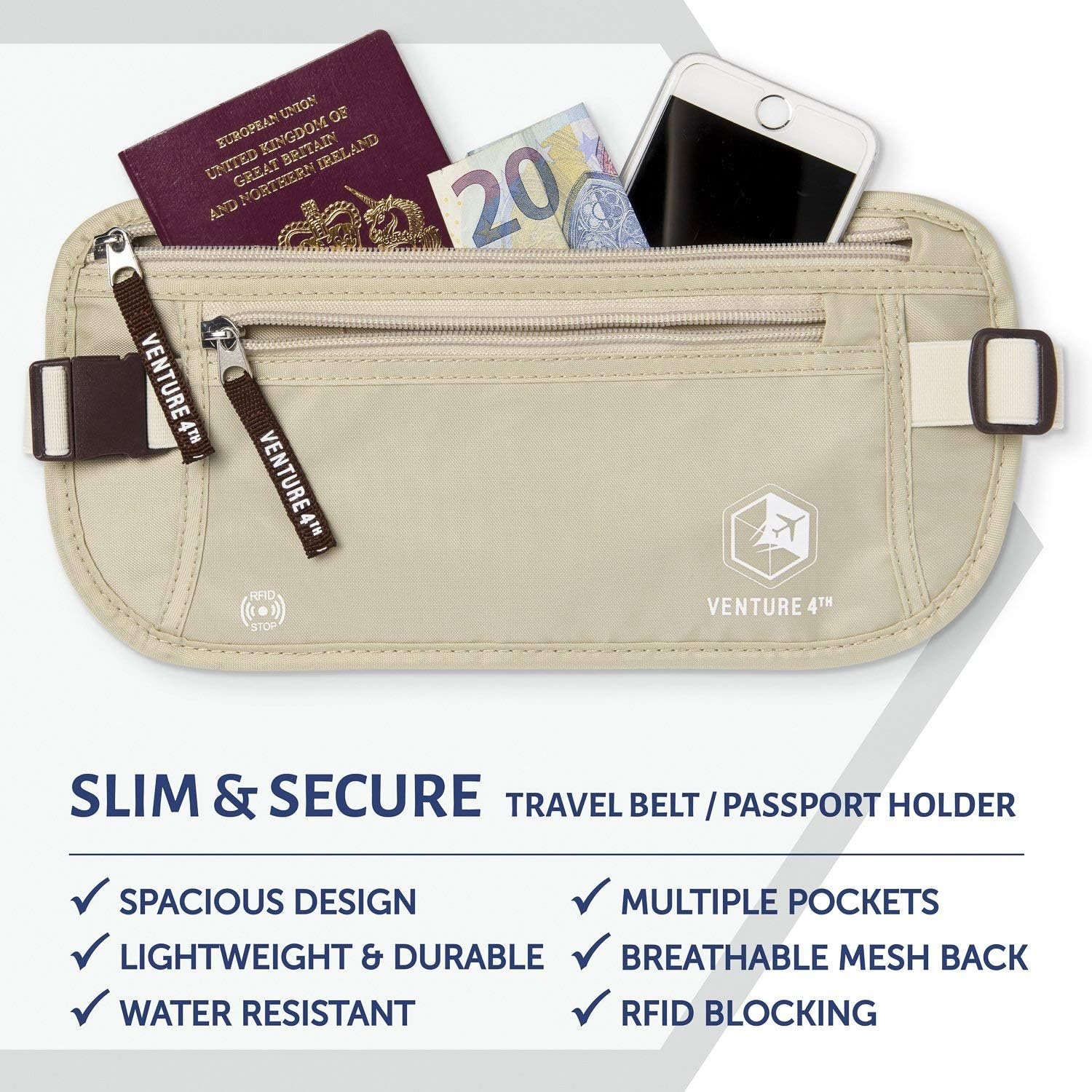 Private Label Money Belt for Travel Hidden Under-Clothes RFID Blocking Passport Holder Slim Pouch with Custom Logo for Men Women Protecting Cash Cards Documents Manufacturer (Beige)