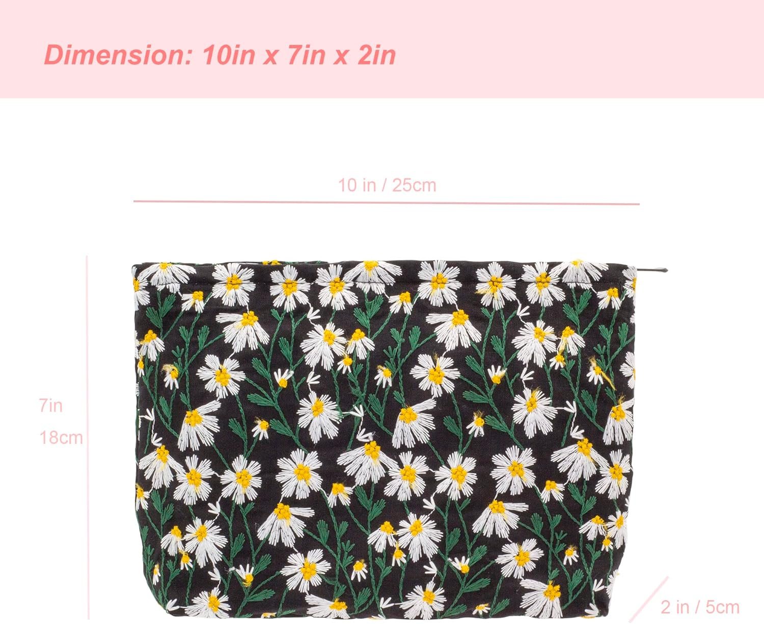 Private Label Large Canvas Makeup Bags Zipper Cosmetic Travel Pouch Custom Logo Organizer Manufacturer for Women and Girls Daisy Black