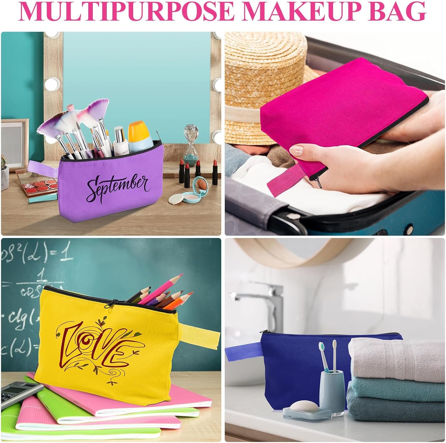 Custom Logo 40 Pack Blank Canvas Makeup Cosmetic Bags with Zipper Bottom Multi Purpose Travel Pouches for Women Purse Toiletry Pencil DIY Craft Manufacturer 10 Colors 10x5x2 Inch Private Label