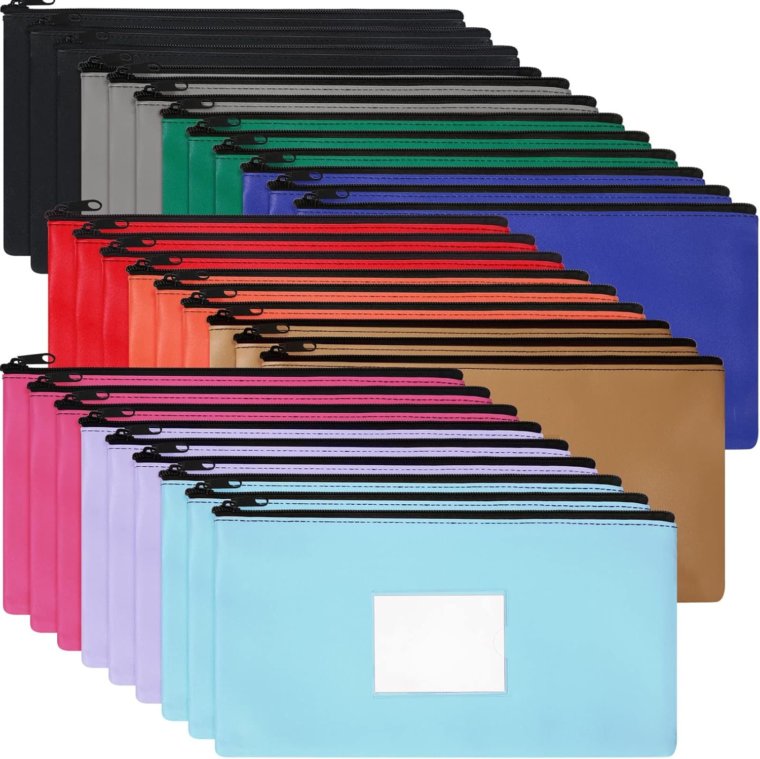 Private Label 30 Pieces 11 x 6 Inch Zipper Security Bank Deposit Bags Clear Window Leatherette Cash Coin Pouches Multicolor Manufacturer Custom Logo