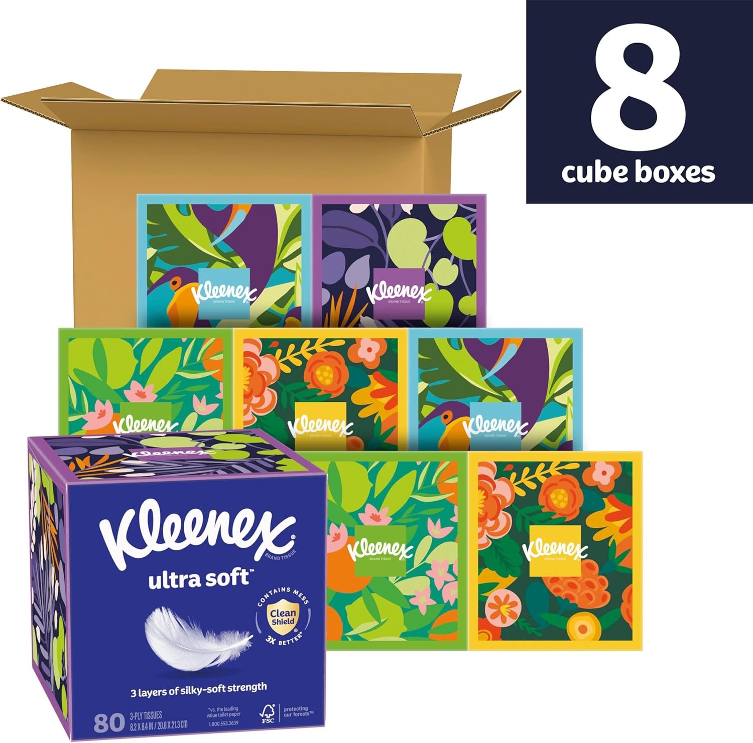 Private Label Ultra Soft 3-Ply Facial Tissues 8 Cube Boxes 80 Tissues per Box with Custom Logo from Manufacturer