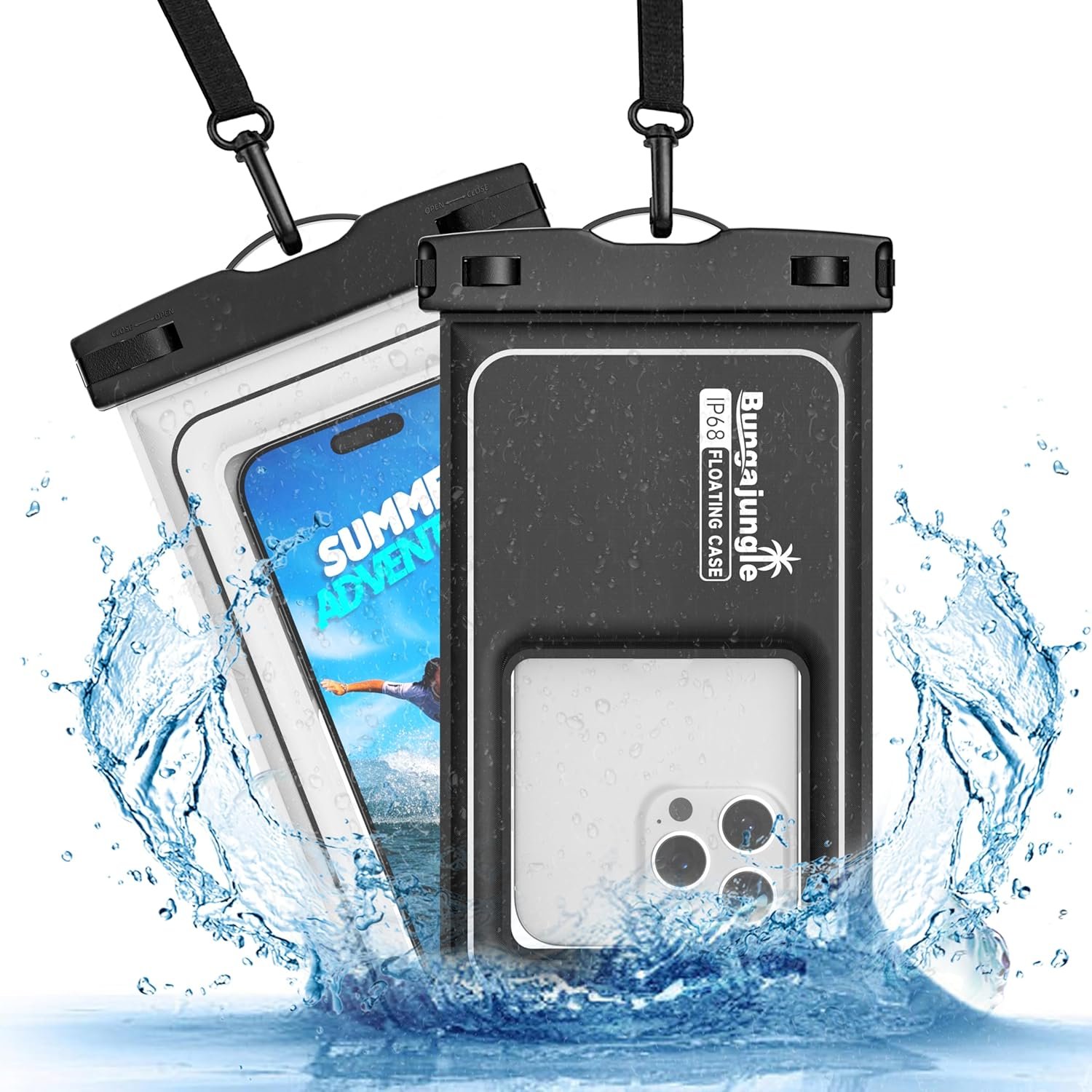 Private Label 2 Pack IP68 Floating Waterproof Phone Pouch Dry Bag Beach Cruise Essentials 2026 with Adjustable Lanyard Custom Logo for iPhone 17 16 15 Pro Max Galaxy S24 S23 Manufacturer Black White