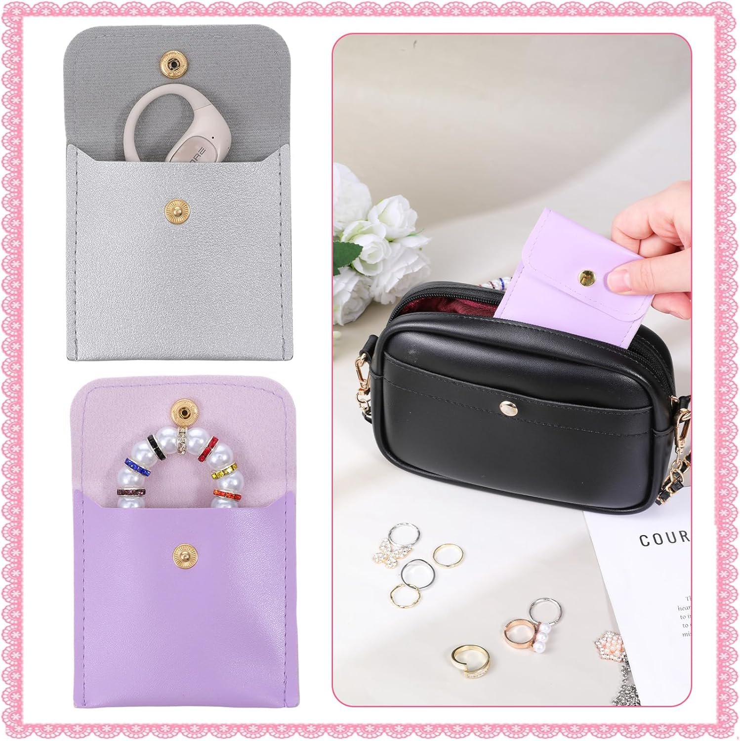 Custom Logo 5 PCS 2 Middle + 3 Small Foldable Mini Travel Jewelry Pouches Private Label Multifunctional Cases for Necklaces Earrings Rings Bracelets Manufacturer
