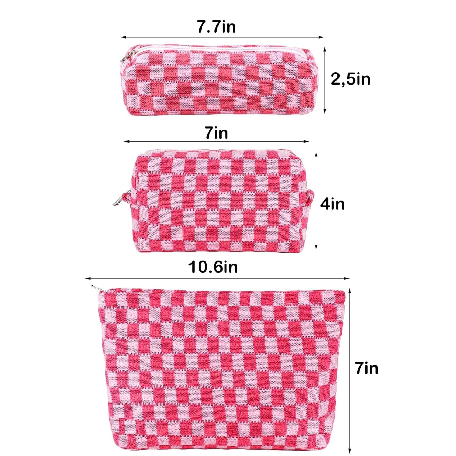 Custom Logo 3Pcs Checkered Makeup Cosmetic Bag Set Travel Toiletry Large Small Pouches for Purse Women Cute Preppy Pink Zipper Pencil Case Manufacturer Private Label Skincare Bags