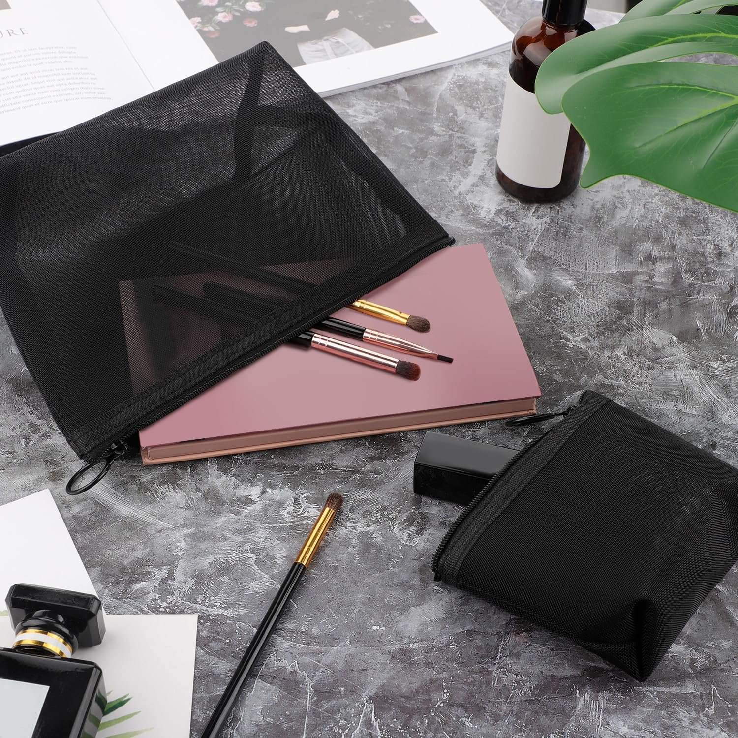 Private Label 3 Piece Mesh Cosmetic Makeup Bag with Custom Logo Zipper Pouch Travel Toiletry for Makeup Organizer Home Office Travel Accessories Factory Black