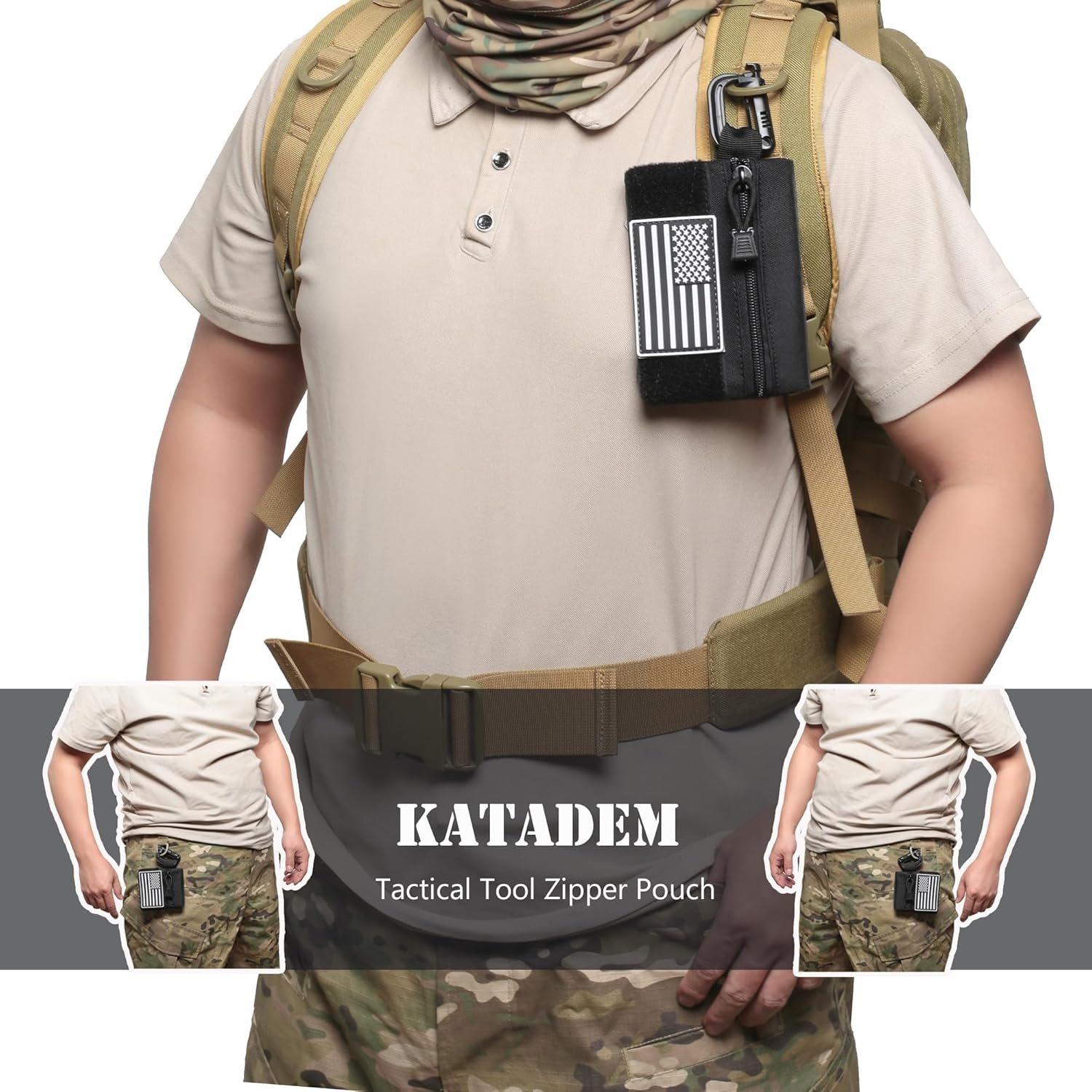 Private Label 3 Pieces Mini Tactical Tool Zipper Pouch with US Patches D-Ring Clips Manufacturer Expansion EDC Organizer Bag Insert Utility Storage Hook Fasteners for Vest Backpack Custom Logo