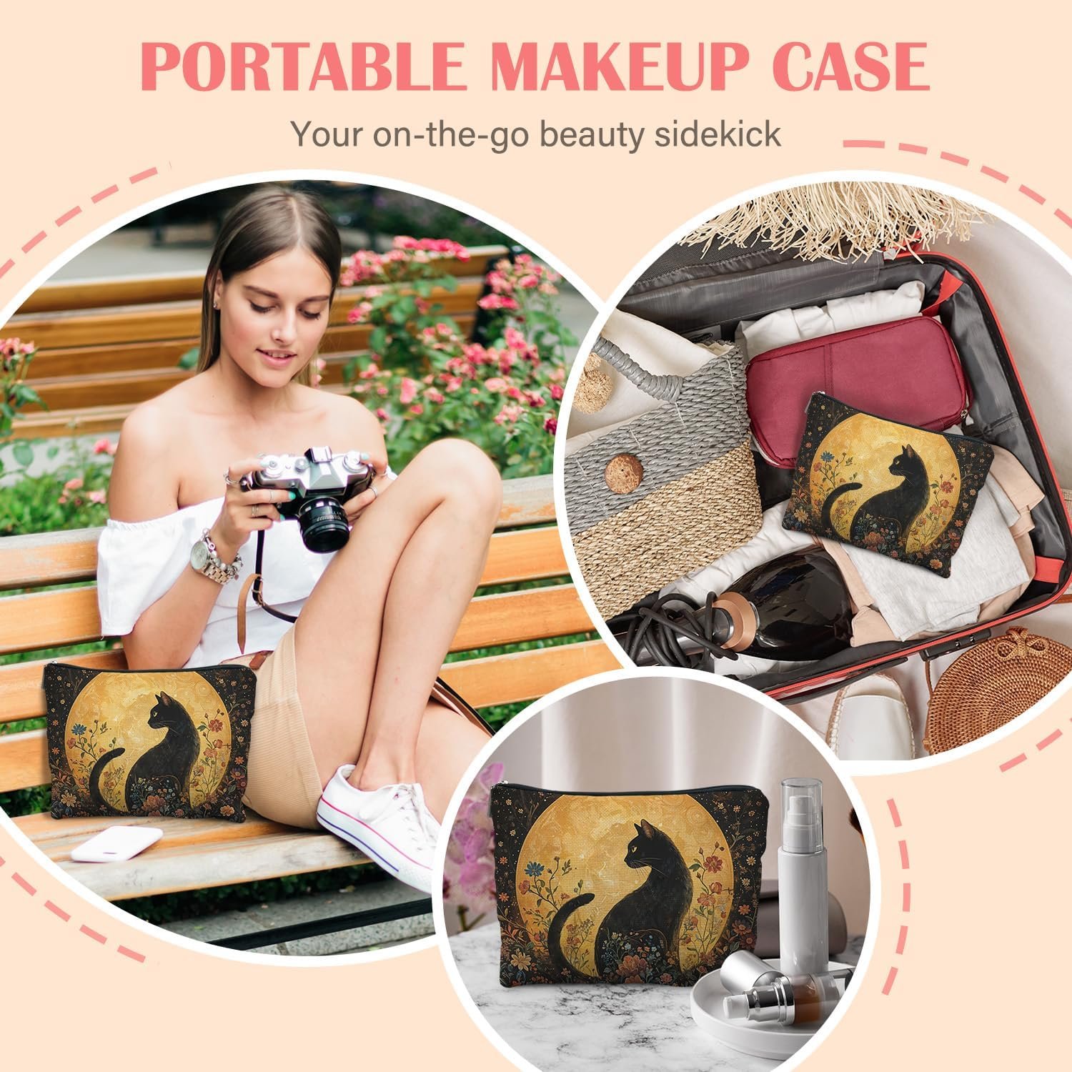 Private Label Witchy Floral Black Cat Makeup Bag for Women Custom Logo Full Moon Dark Cottagecore Cosmetic Zipper Pouch Mysterious Gothic Manufacturer