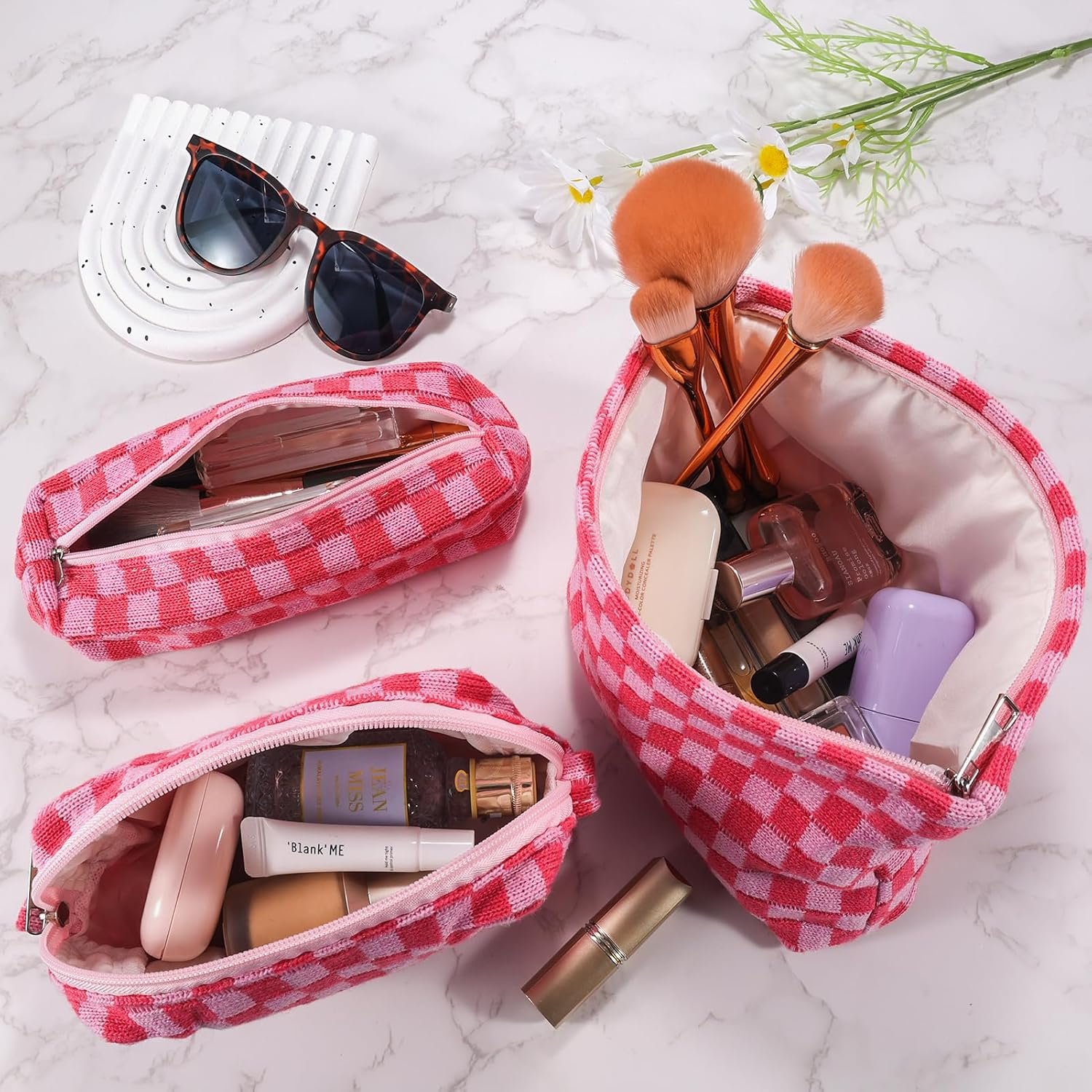Custom Logo 3Pcs Checkered Makeup Cosmetic Bag Set Travel Toiletry Large Small Pouches for Purse Women Cute Preppy Pink Zipper Pencil Case Manufacturer Private Label Skincare Bags