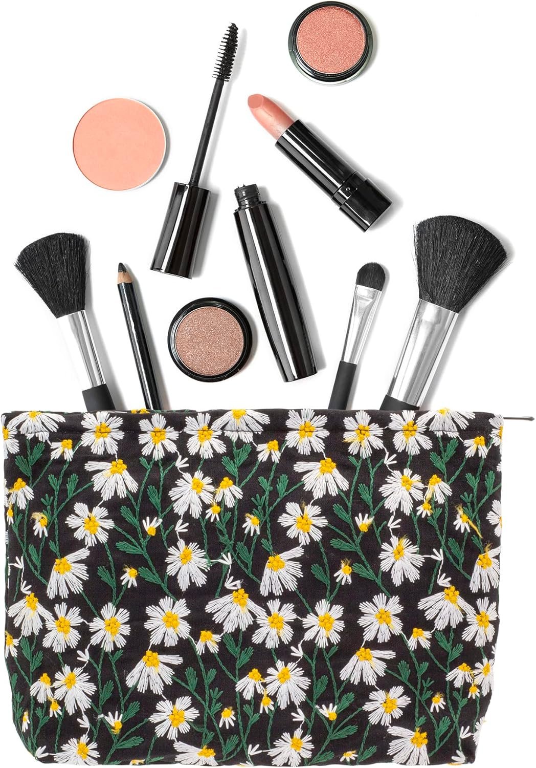 Private Label Large Canvas Makeup Bags Zipper Cosmetic Travel Pouch Custom Logo Organizer Manufacturer for Women and Girls Daisy Black