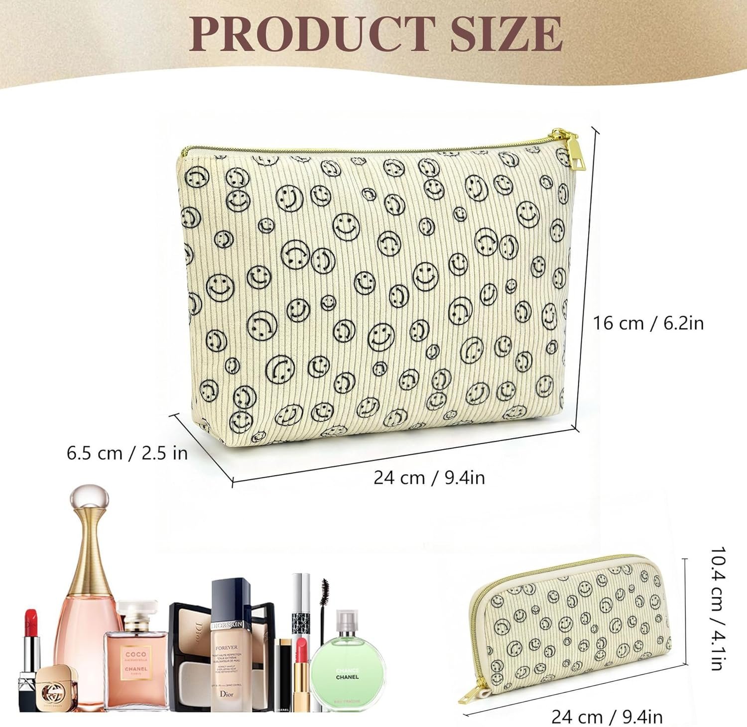 Private Label Small Cosmetic Bags for Women Corduroy Smiley Makeup Bag with Custom Logo Zipper Pouch Portable Toiletry Organizer for Travel Purse and Daily Use 2-Piece Set Direct from Manufacturer