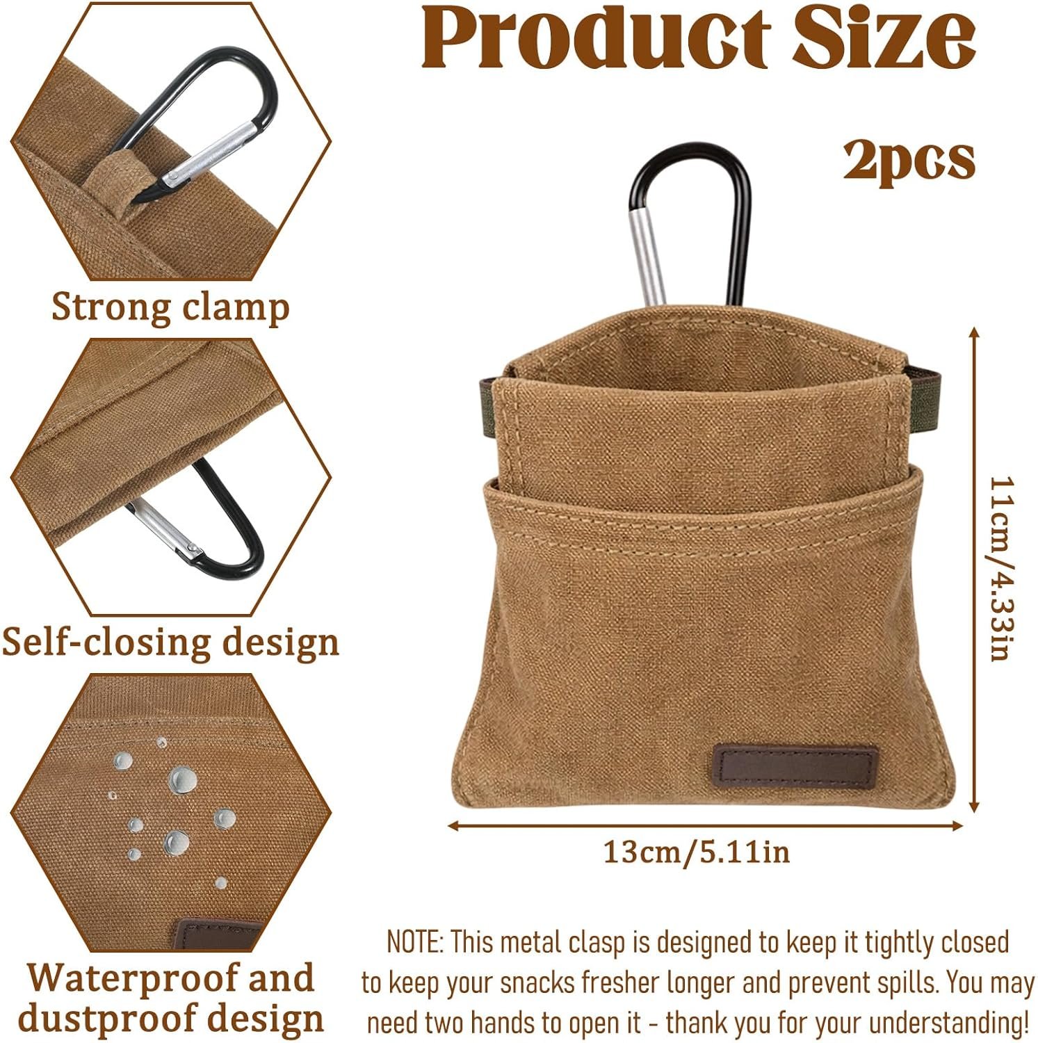 Custom Logo 2Pcs Hands-Free Dog Treat Pouch with Carabiner, Portable Auto-Closing Puppy Snack Bag for Walking Training Private Label Manufacturer Brown & Grey
