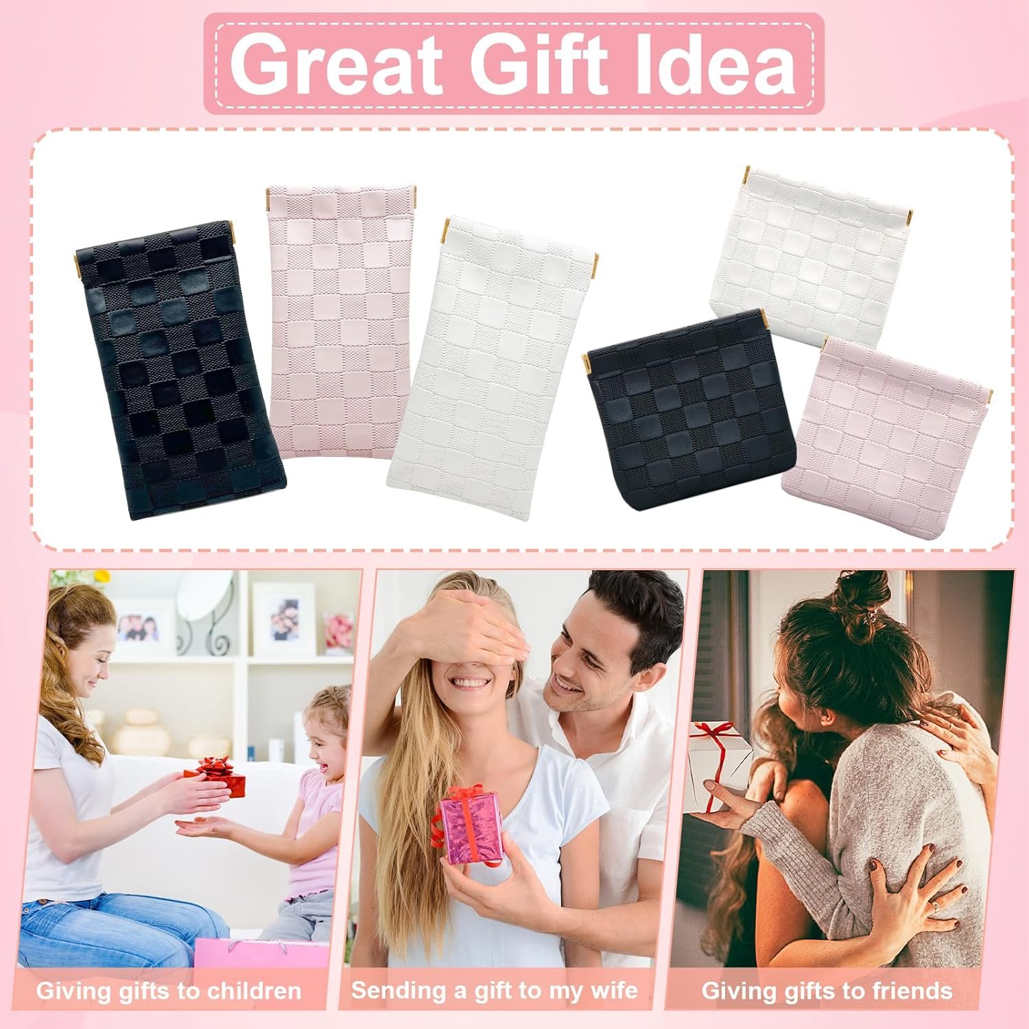 Private Label 4PCS Small Makeup Bag for Purse Mini Leather Pocket Cosmetic Bag for Women Custom Logo Waterproof Portable Makeup Pouch No Zipper Coin Purse Lipstick Bag Accessories Checkered Travel Storage Bag Manufacturer White Pink