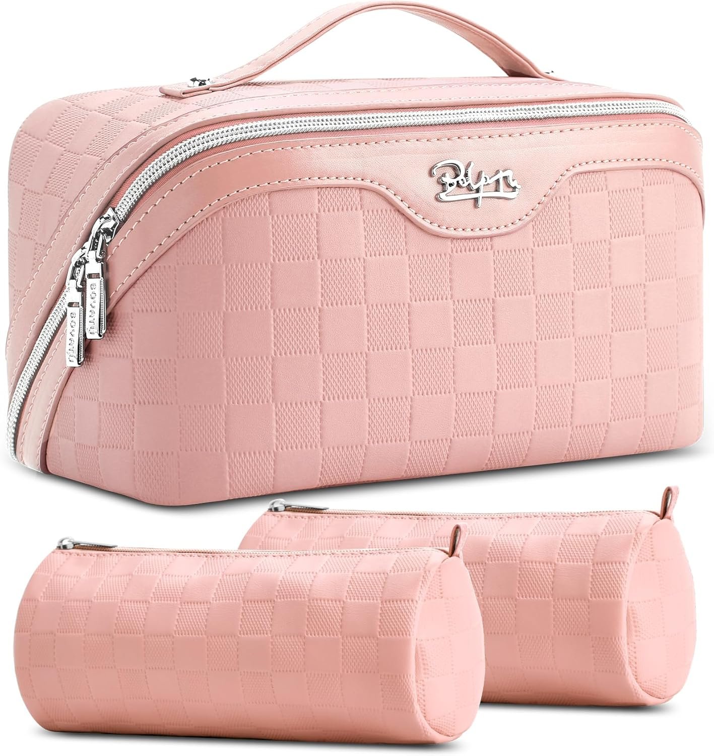 Custom Logo Travel Makeup Bag Organizer 3 Pcs Set - Private Label Waterproof Vegan Leather Cosmetic Toiletry Bags for Women with Handle Compartments Factory (01-D-Pink)