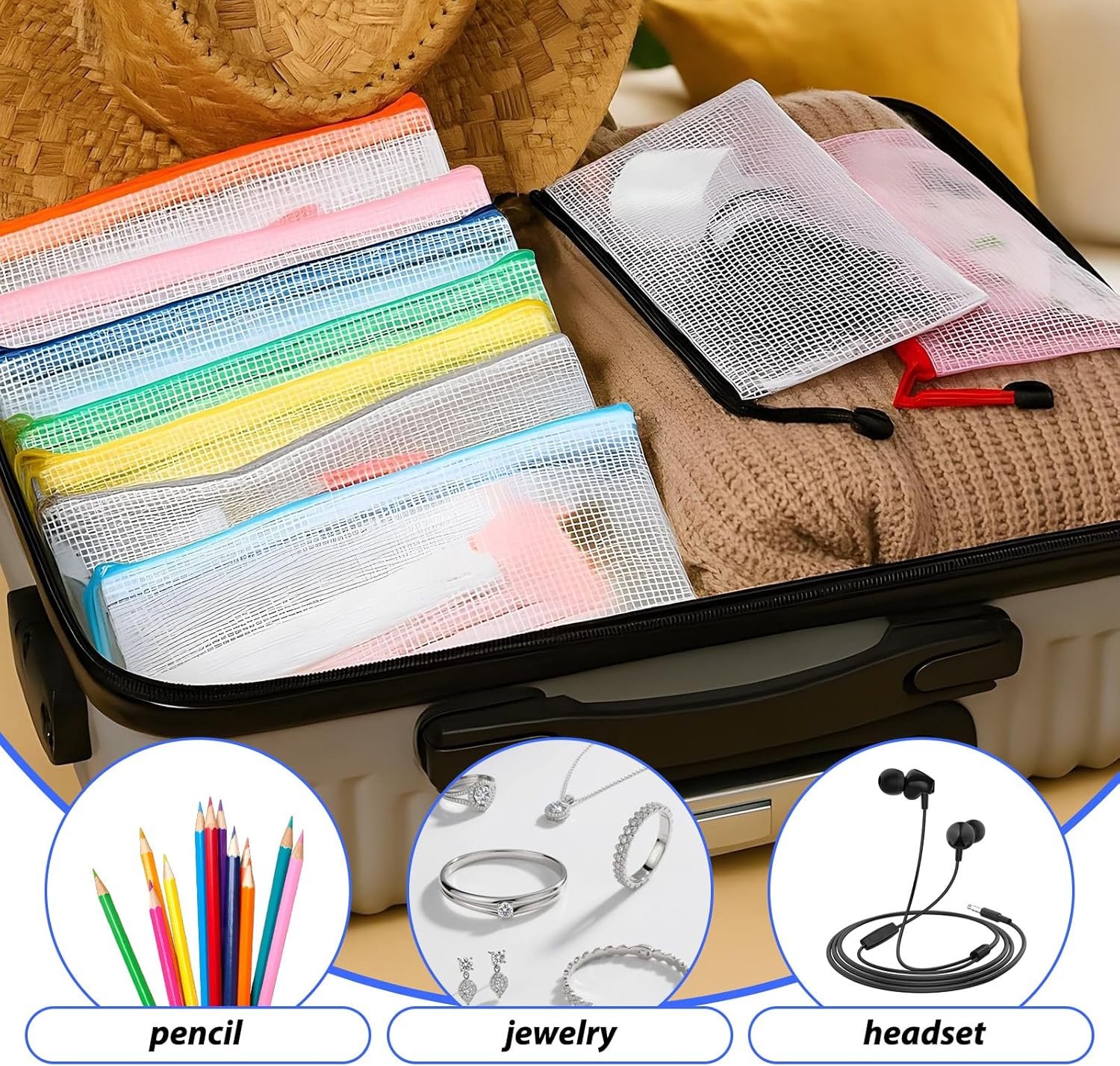 Factory 100 Pcs Bulk Mesh Zipper Pencil Pouches 8.5 x 4.5 Inch Clear Plastic Waterproof Cases for Stationery Cosmetics Bills Envelopes Storage with Custom Logo 10 Colors Private Label