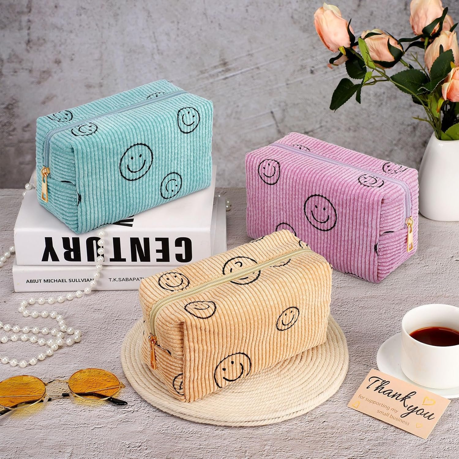 Private Label 3 Pcs Corduroy Cosmetic Bags Smile Face Aesthetic Preppy Pencil Pouch Purse Custom Logo Travel Beauty Makeup Organizer Manufacturer for School Christmas Women Holiday Gifts Classic Pink Yellow Green