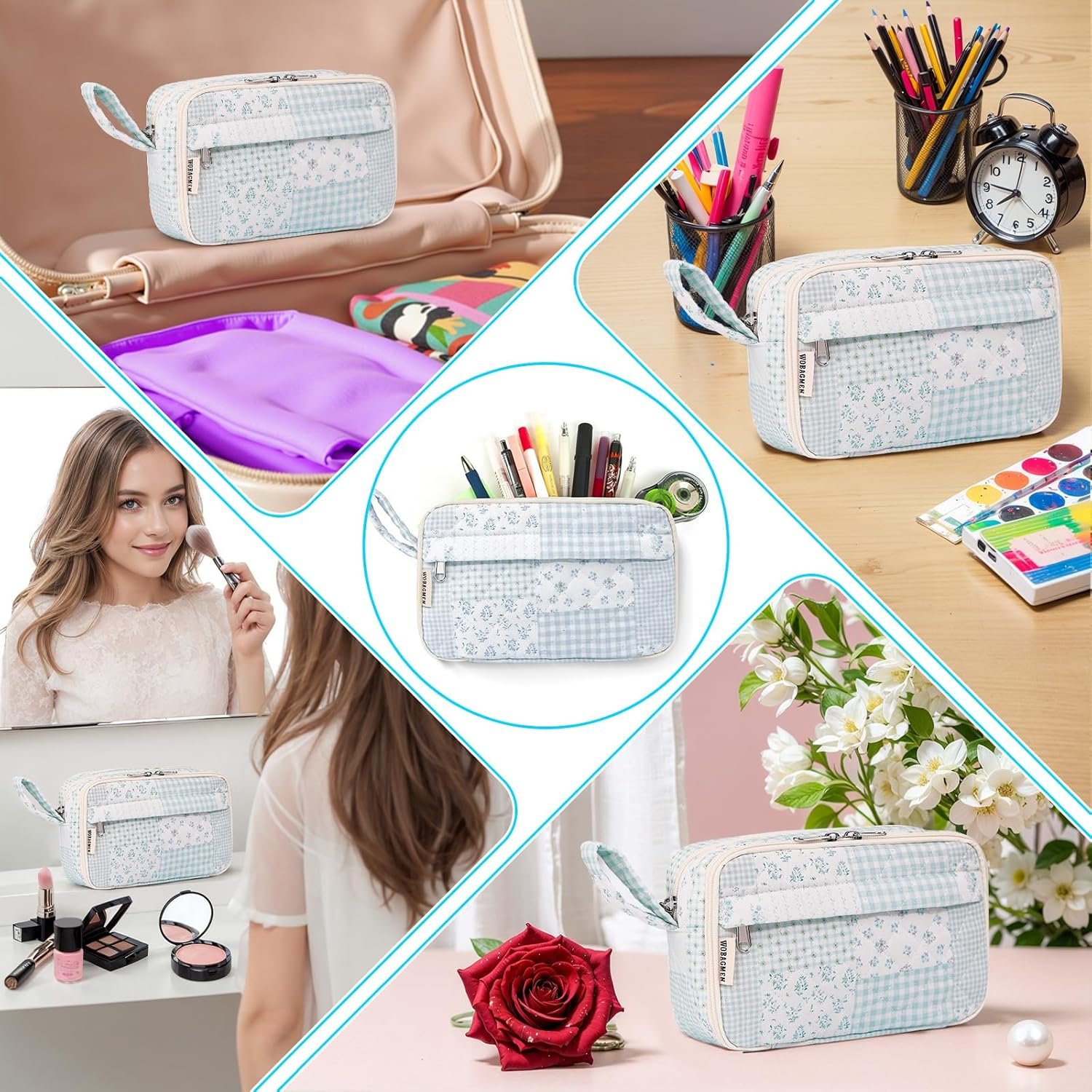 Private Label Large Quilted Pencil Pouch for Girls Women with Custom Logo Compartments Cute Aesthetic Floral Pencil Case Organizer Manufacturer for School Supplies (Green Blue Pin)