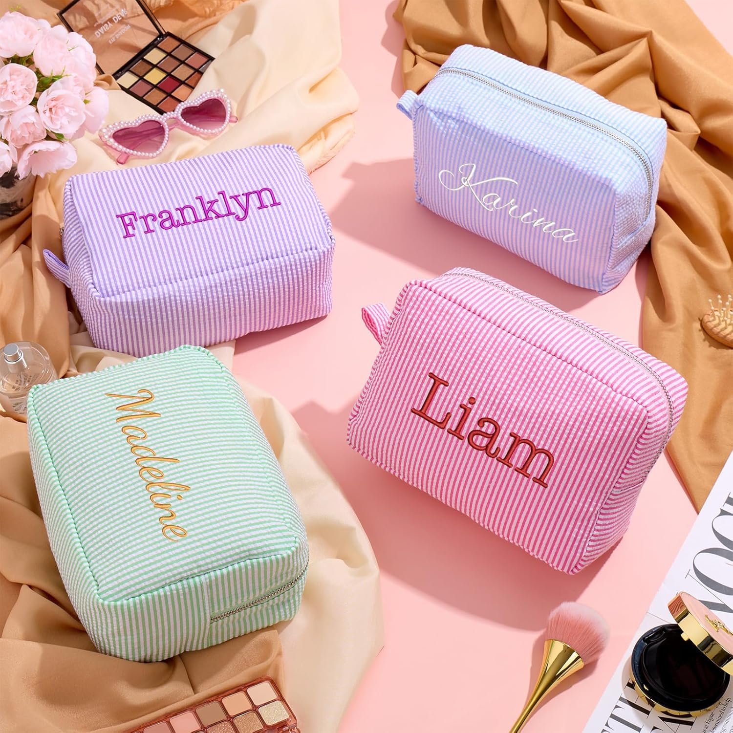 Private Label Personalized Cosmetic Bag with Name and Custom Logo, Cute Seersucker Makeup Travel Organizer Pouch for Women Girls Bridesmaid Cute Pattern Matching Bags Manufacturer