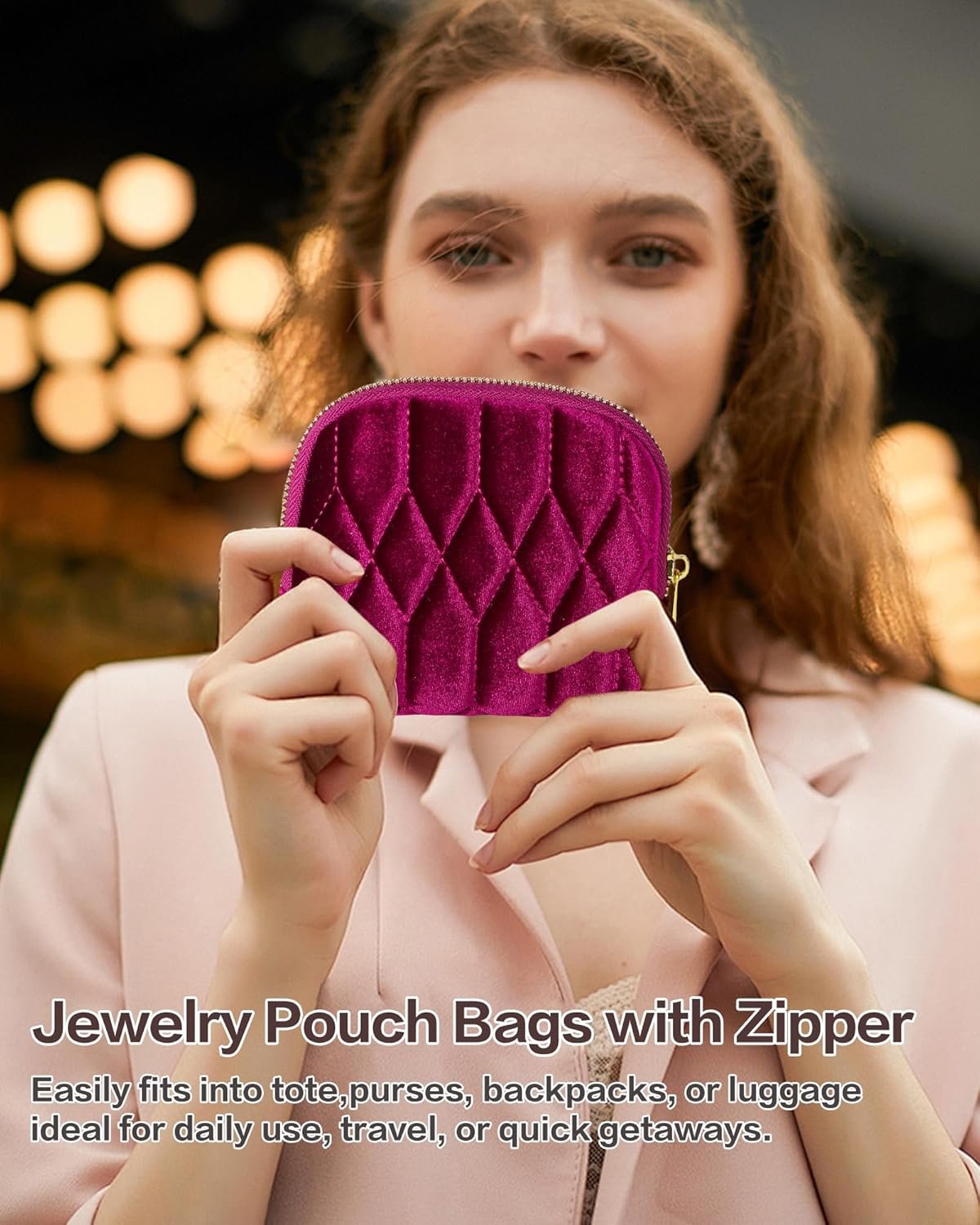 Custom Logo Small Mini 5-Layer Travel Jewelry Zipper Pouch - Private Label Velvet Organizer for Bracelets Rings Earrings Diamond Stitched Rose Purple Manufacturer