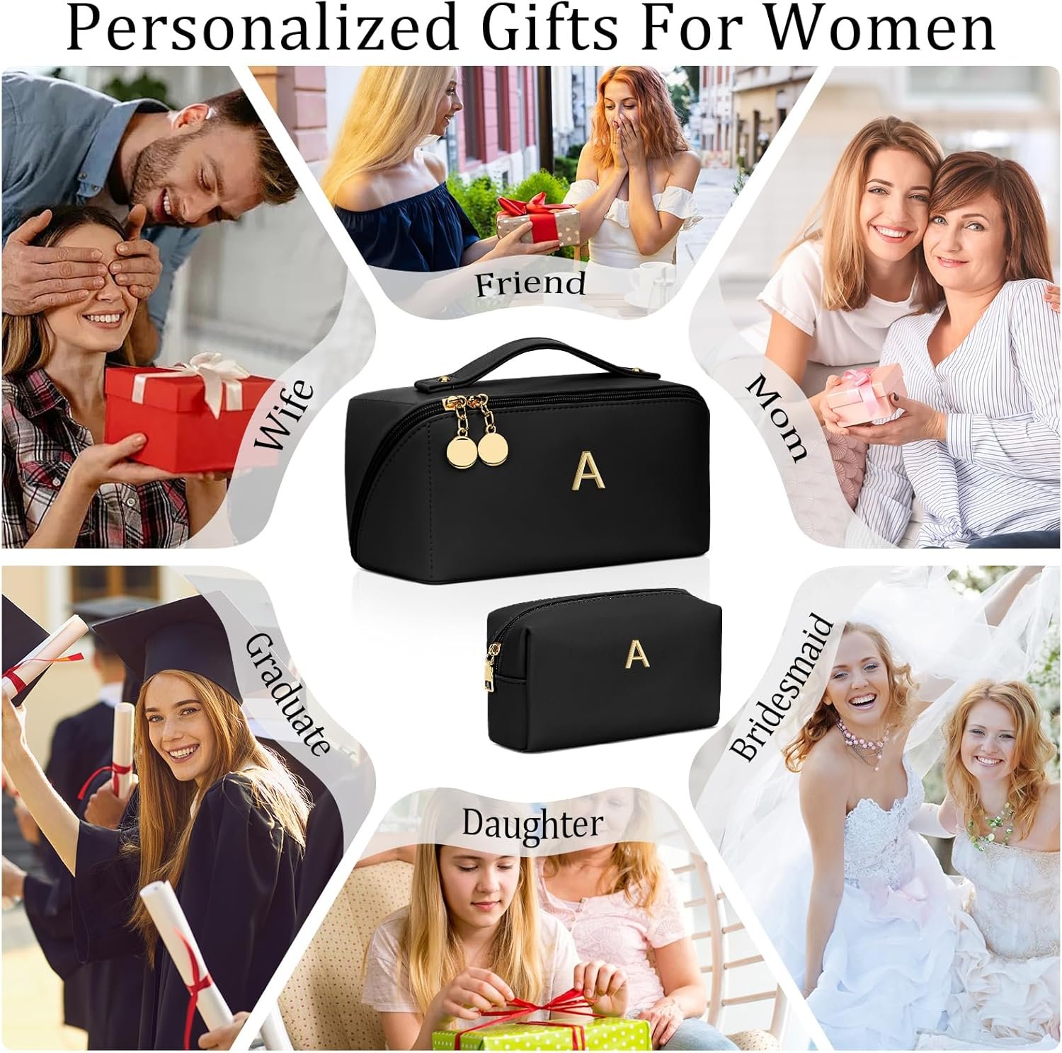 Private Label Birthday Gifts for Women Teen Girls, Custom Logo Personalized Initial Makeup Organizer Bag Set, Open Flat Travel Cosmetic Bag With Clear Divider and Handle Manufacturer (Black,A)