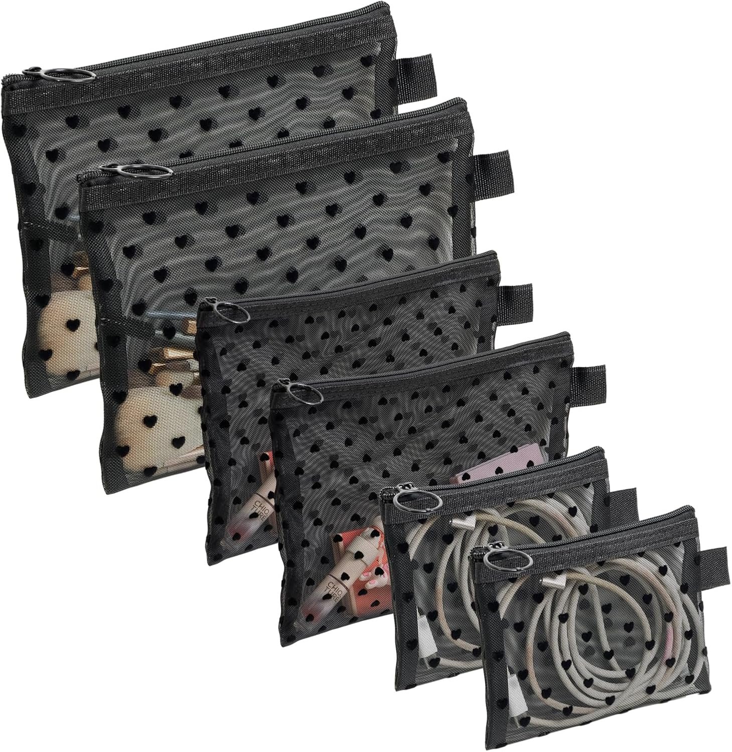 Custom Logo 6-Piece Heart Printed Mesh Makeup Bag Set - Private Label Small Pouches for Purse - Black Makeup Bag Manufacturer