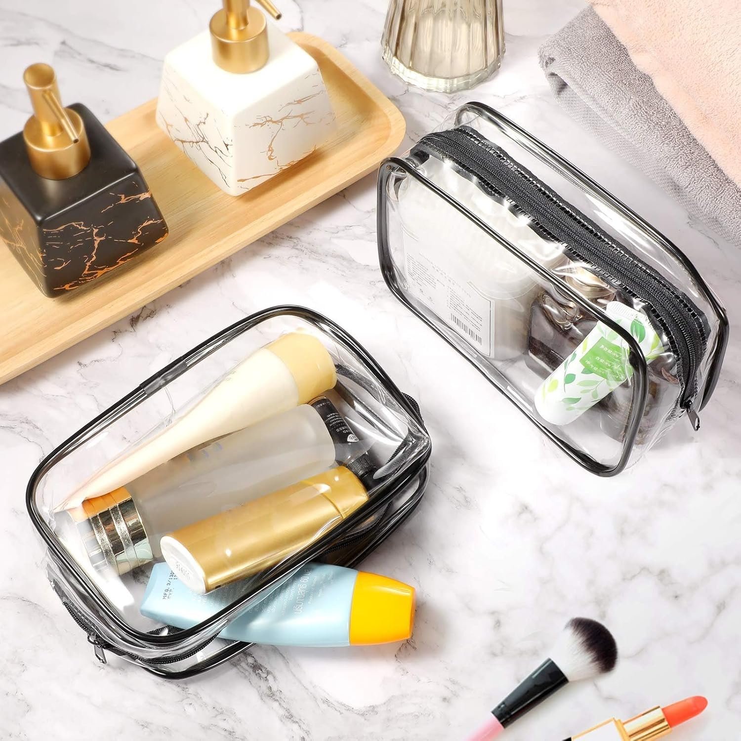 Private Label 12 Pieces Clear PVC Zipper Makeup Bags Cosmetic Storage Pouches Waterproof Travel Toiletries Cases Medium Black with Custom Logo Direct Supplier