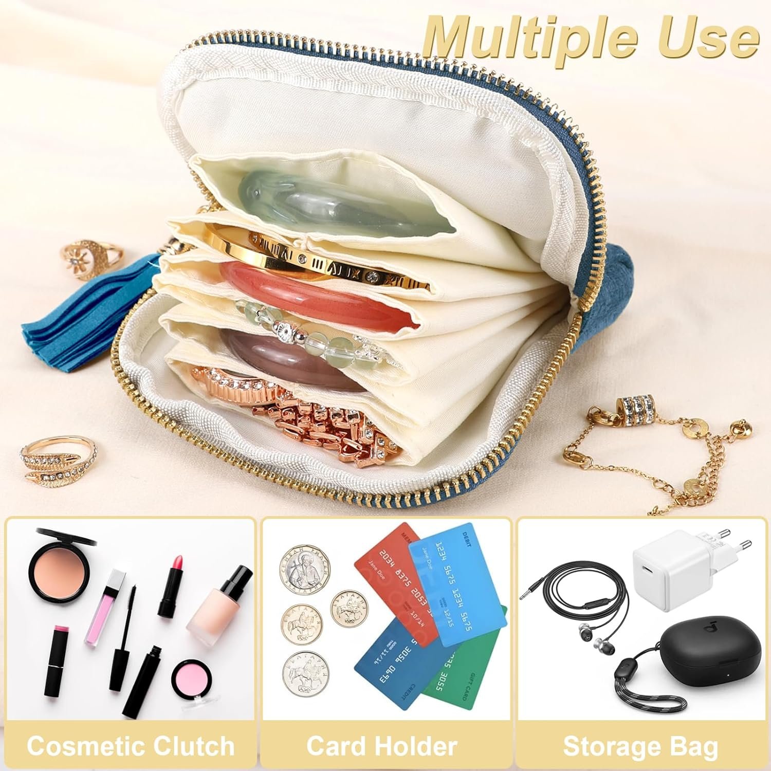 Private Label Small Travel Jewelry Organizer Pouch with 6 Compartments, Portable Soft Anti-Scratch Custom Logo Storage Holder for Bangle Bracelets Earrings Necklace, Ocean Blue Manufacturer