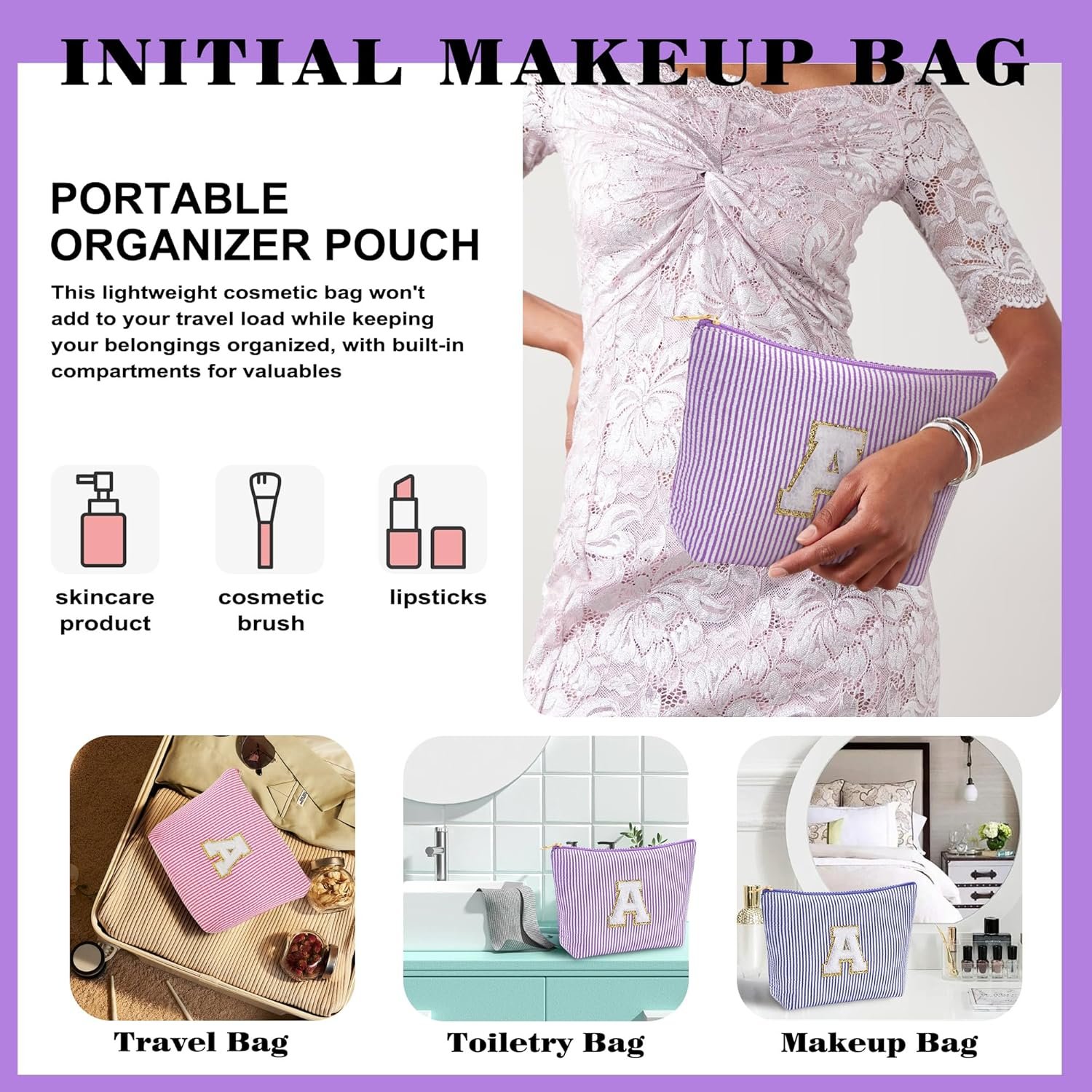 Private Label Initial Cosmetic Bag Set Custom Logo Travel Makeup Pouch with Zipper Purple Letter M Manufacturer