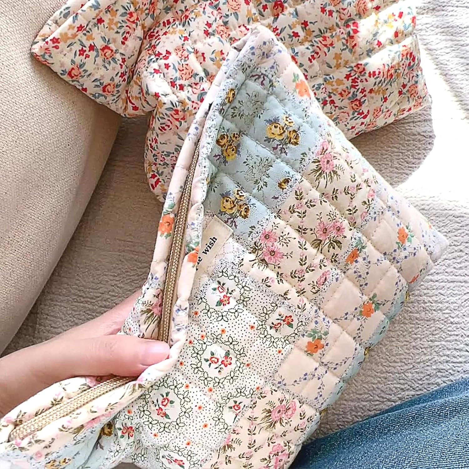 Custom Logo Floral Makeup Bag Pouch Large Capacity - Private Label Quilted Cosmetic Organizer for Travel Daily Aesthetic Cottagecore Cotton Toiletry Bag with Zipper Portable Gift for Women Direct Manufacturer (Blue Floral-L)