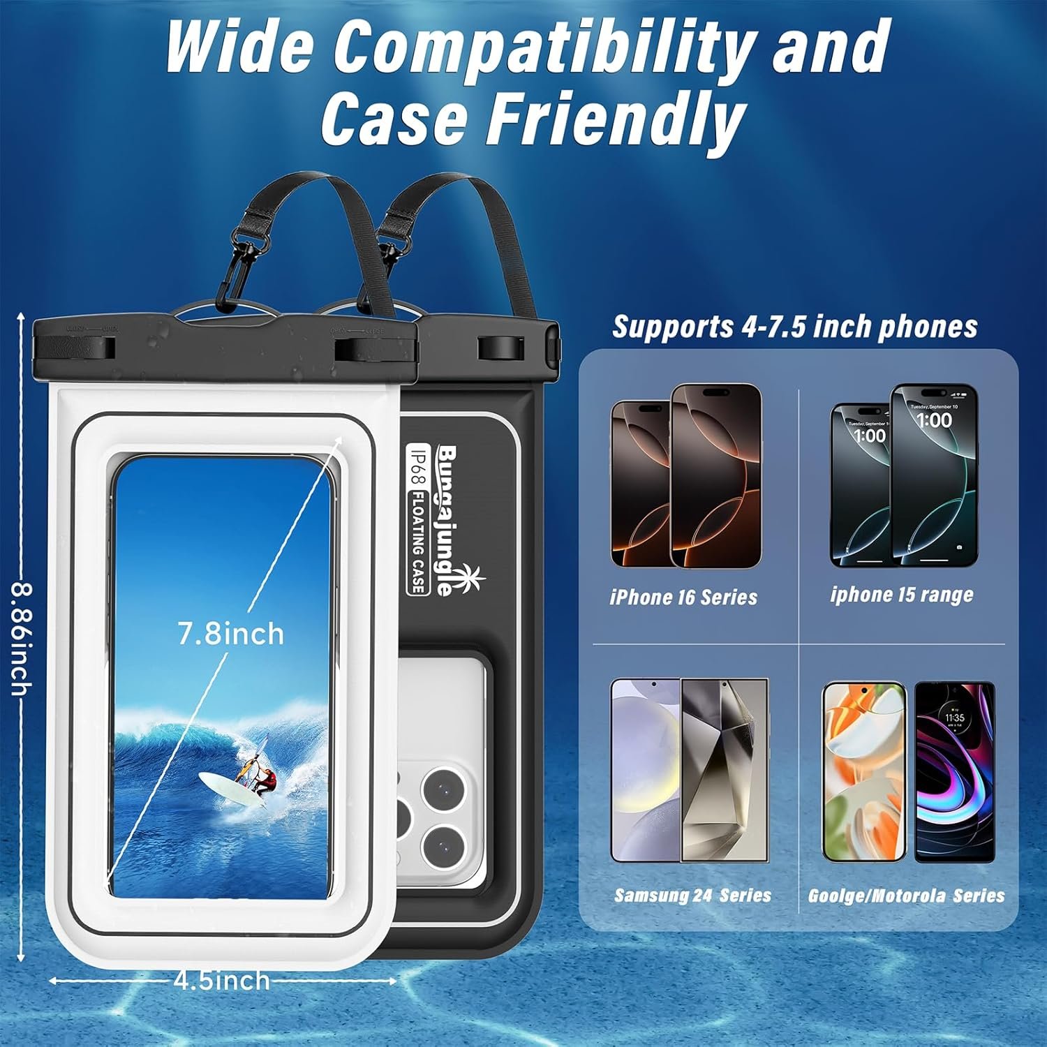 Private Label 2 Pack IP68 Floating Waterproof Phone Pouch Dry Bag Beach Cruise Essentials 2026 with Adjustable Lanyard Custom Logo for iPhone 17 16 15 Pro Max Galaxy S24 S23 Manufacturer Black White
