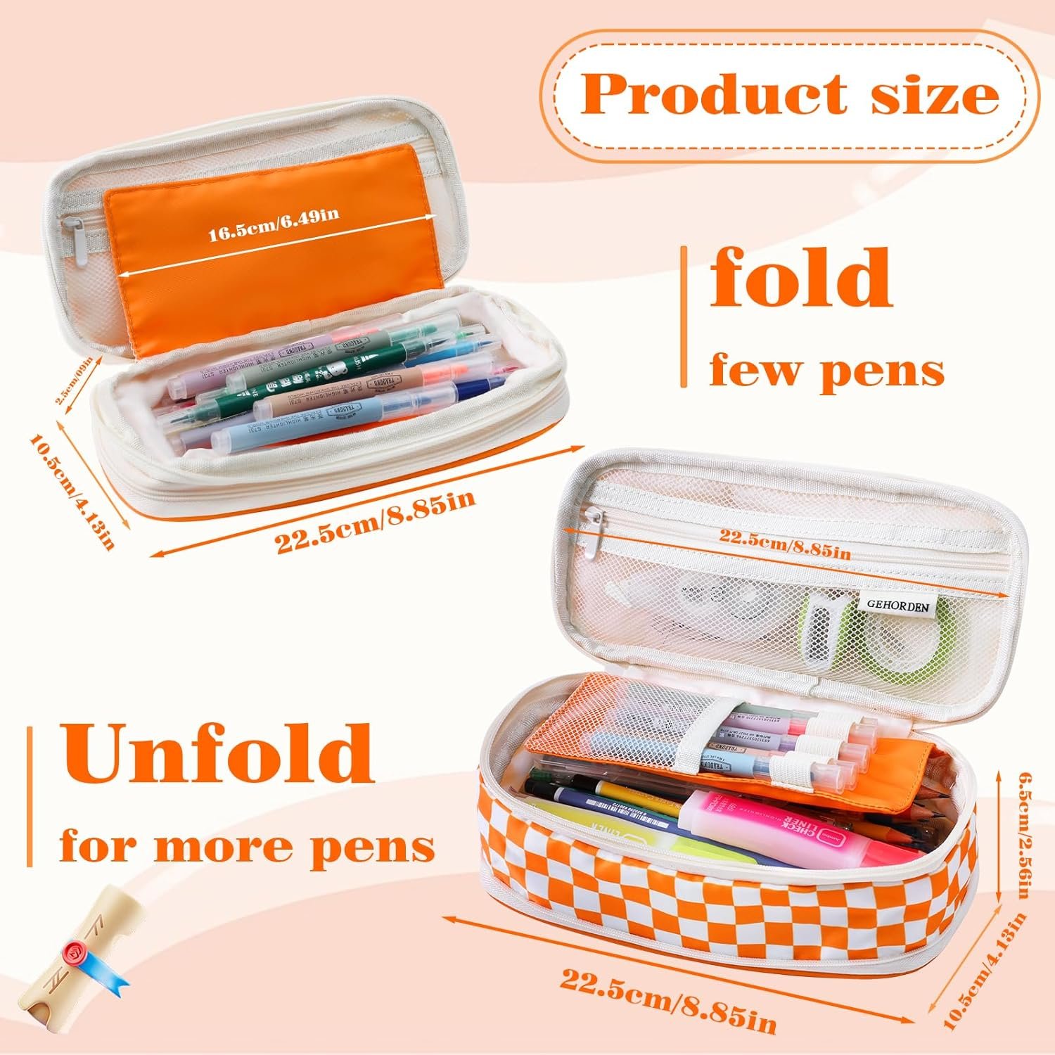 Private Label Orange Checkered Pencil Pouch with Custom Logo Zipper for Teens Girls Students Back to School Manufacturer