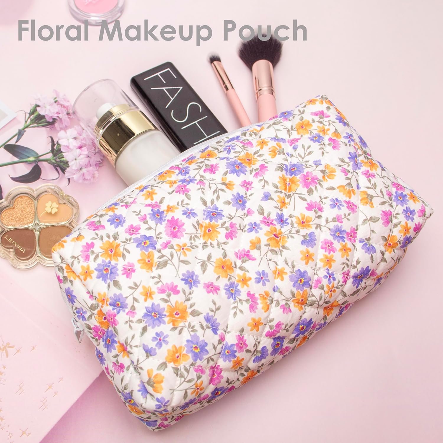 Private Label Vintage Quilted Makeup Bag Cosmetic Pouch for Brushes Pencils Custom Logo Travel Makeup Accessories for Women Girls Little Flower Manufacturer