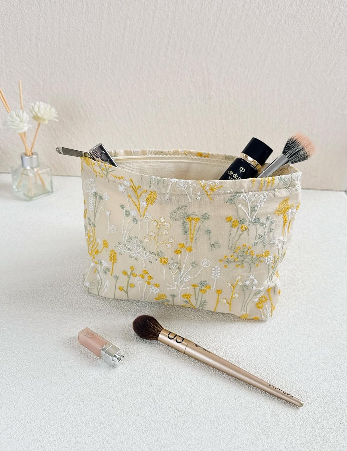 Private Label 2 Pcs Large Floral Embroidery Makeup Bags Cosmetic Travel Toiletry Organizers Small Zipper Pouch Purse for Women Teens Custom Logo Manufacturer