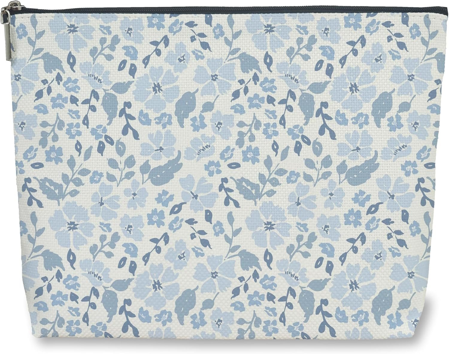 Private Label Large Blue Floral Makeup Bag Custom Logo Cosmetic Toiletry Pouch Zipper Organizer for Women Purse Travel Daily Use Manufacturer Gift Best Friends Sister Grandma