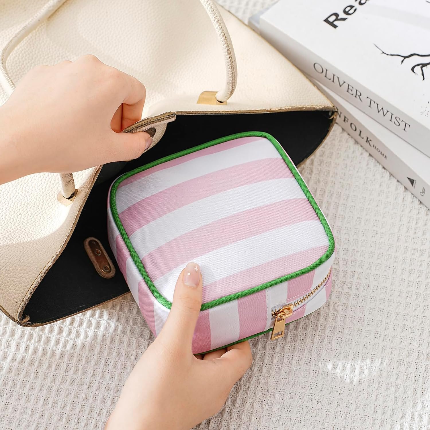 Private Label Small Stripe Mini Makeup Bag with Zipper for Purse, Custom Logo Key Pocket Lipstick Holder Card Data Cable Organizer Cosmetics Pouch Pink Stripes Manufacturer