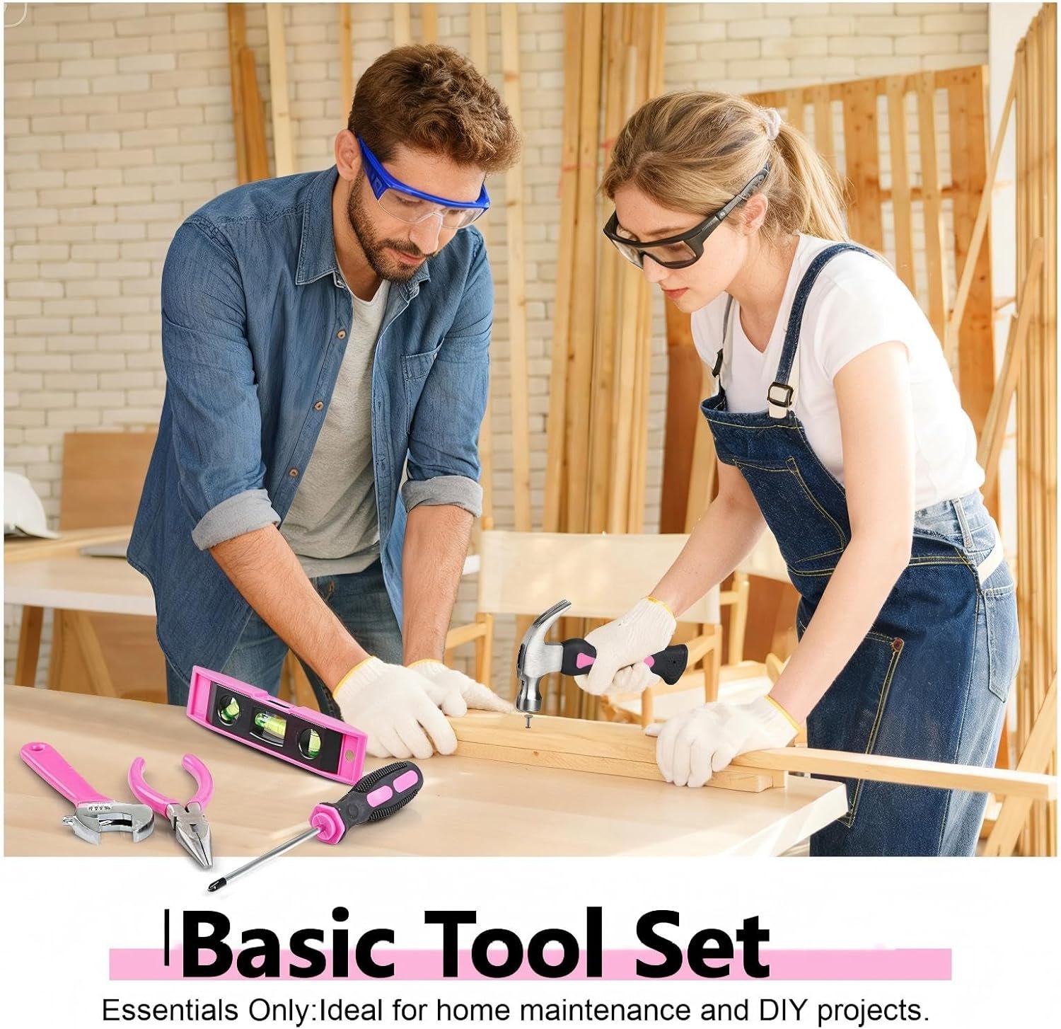 Custom Logo Pink 21Pcs Women's Tool Set in Shoulder Strap Tool Bag with Zipper Pouch, Basic Portable Kit for Home Dorm Office DIY Desk Apartment, Private Label Manufacturer