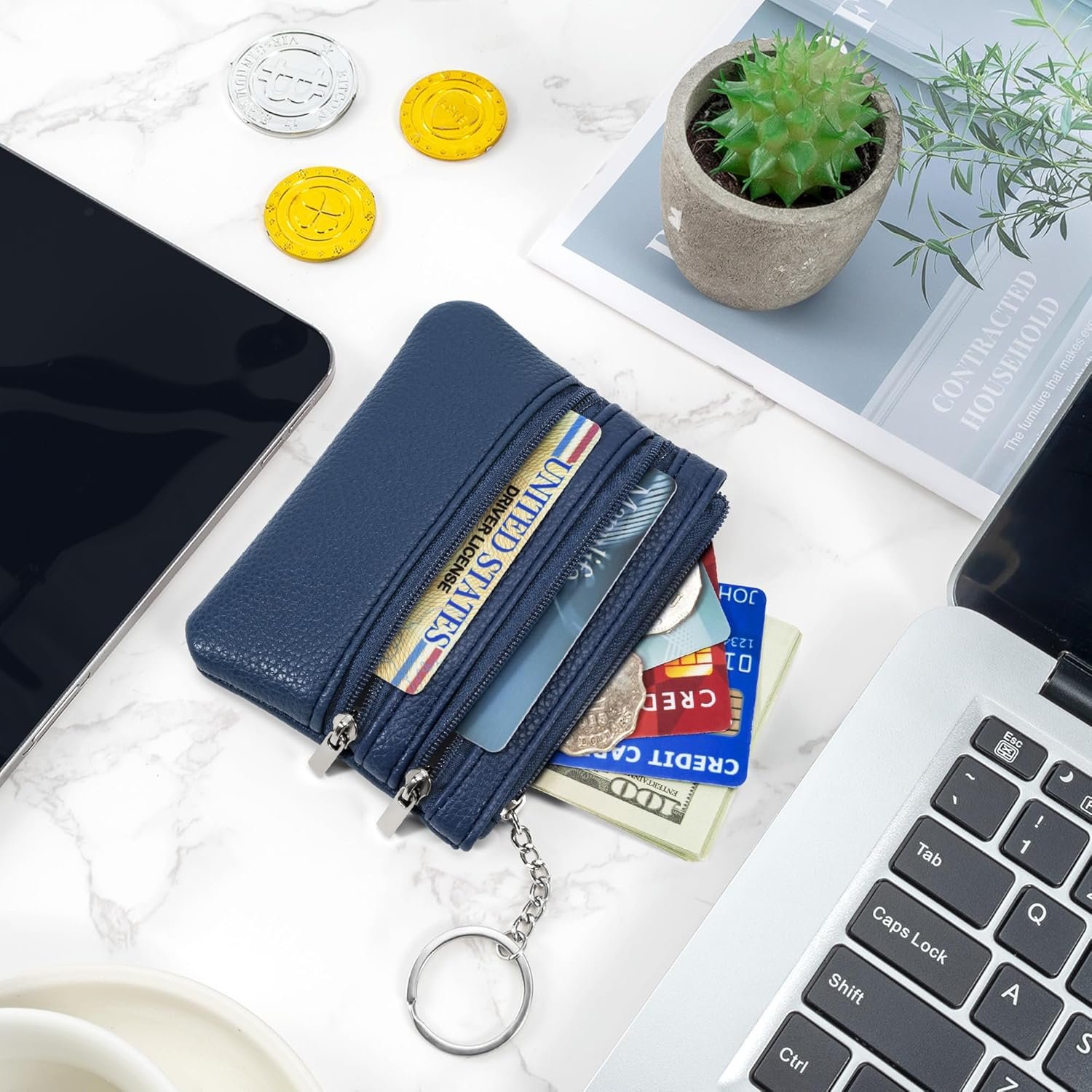 Private Label 2 Pack Coin Purse Pouch Change Card Holder Wallet with Custom Logo Keychain for Women and Men Black & Blue Manufacturer