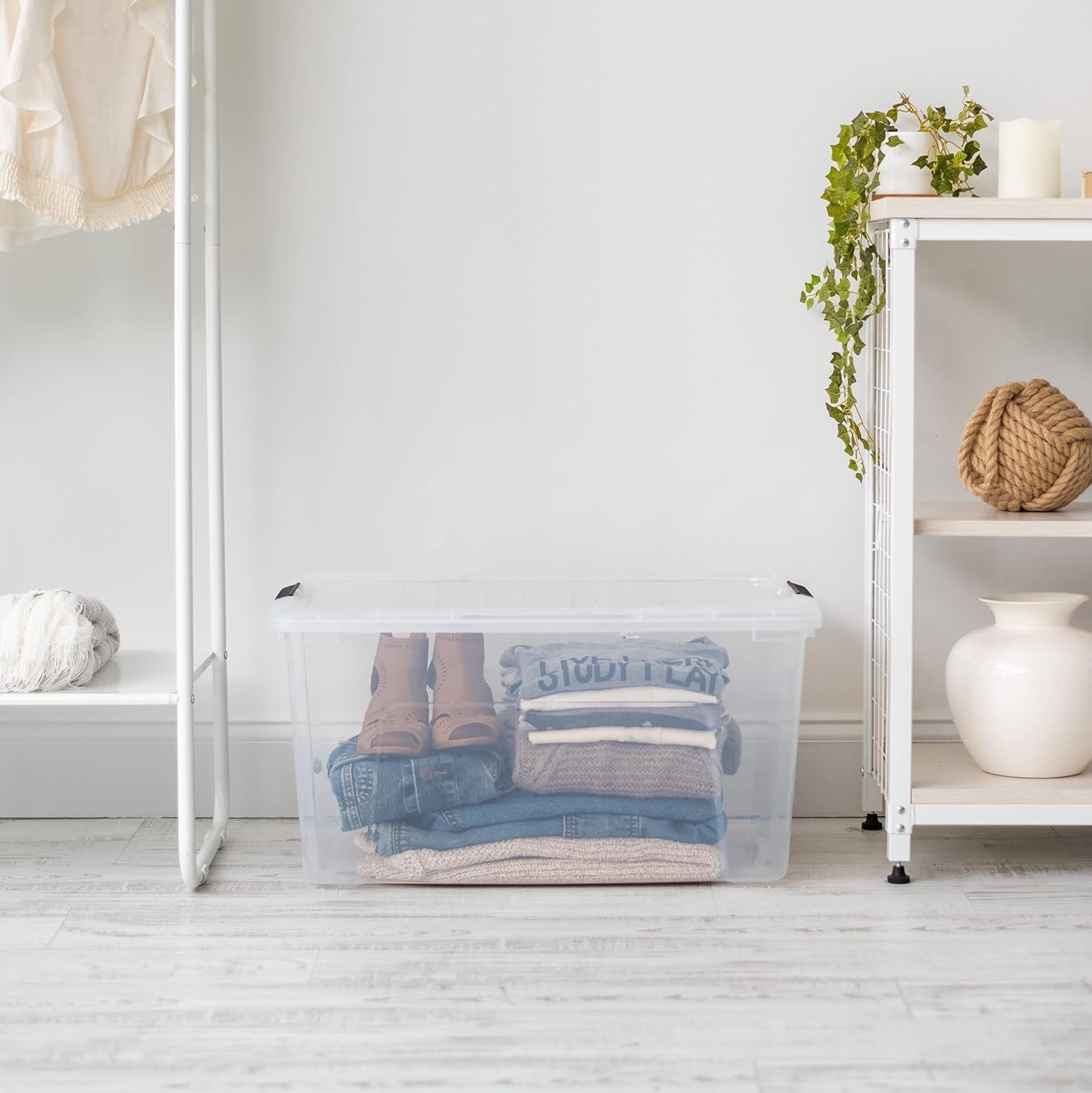 Custom Logo 72 QT Plastic Storage Box with Lid and Latches 4 Pack - Private Label BPA-Free See-Through Durable Nestable Stackable Containers Secure Pull Handle - Clear from Factory