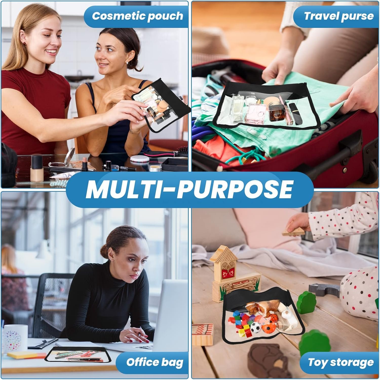 Private Label 8 Pieces Clear Zipper Makeup Pouches DIY Chenille Letter PVC Oxford Cloth Travel Portable Waterproof Cosmetic Toiletry Snack Organizer with Custom Logo Black Manufacturer