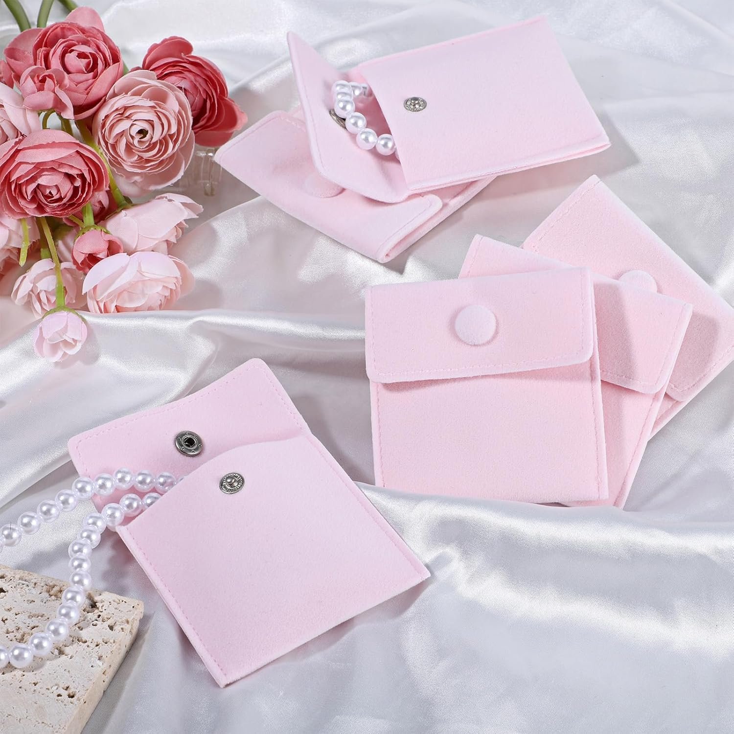 Private Label 12PCS Pink Microfiber Jewelry Pouches 7x7cm Custom Logo Luxury Small Gift Bags with Snap Button Portable for Ring Necklace Earring Bracelet Packaging Supplier